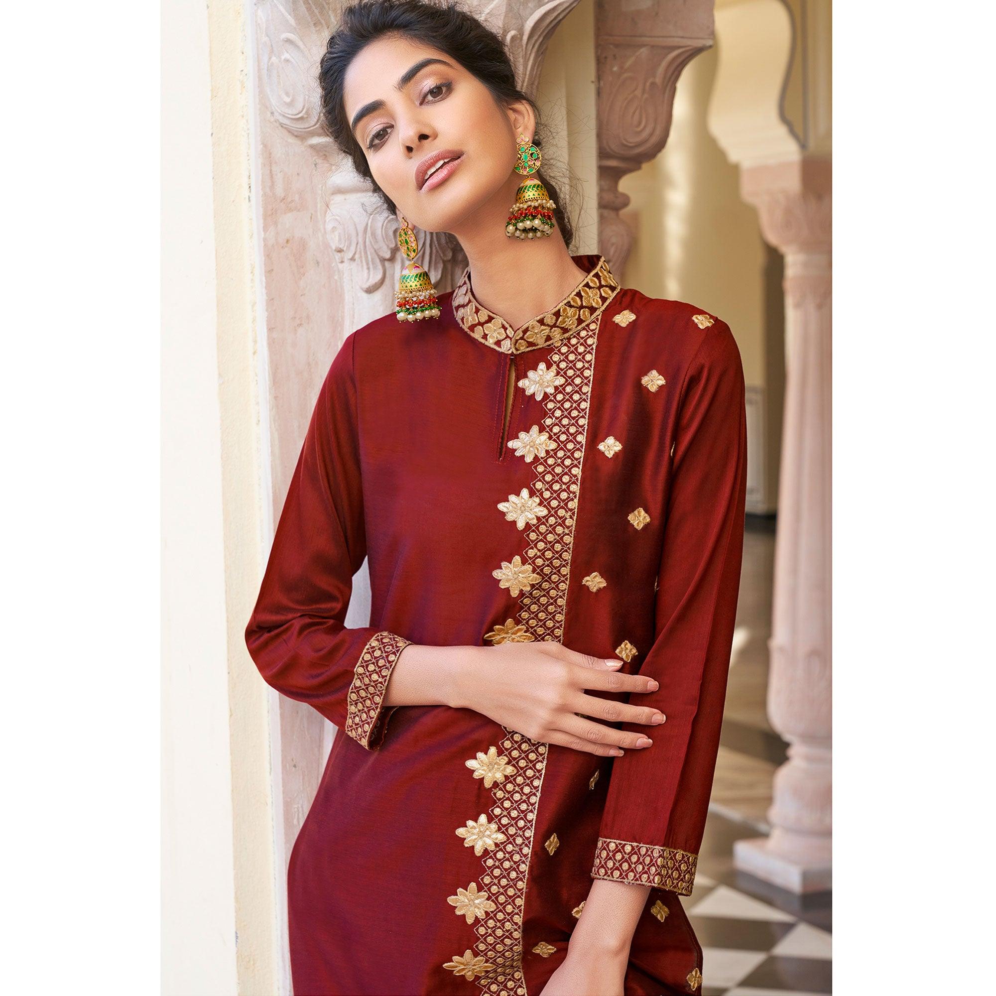 Ravishing Maroon Colored Partywear Embroidered Pure Viscose Santoori Kurti - Palazzo Set - Peachmode