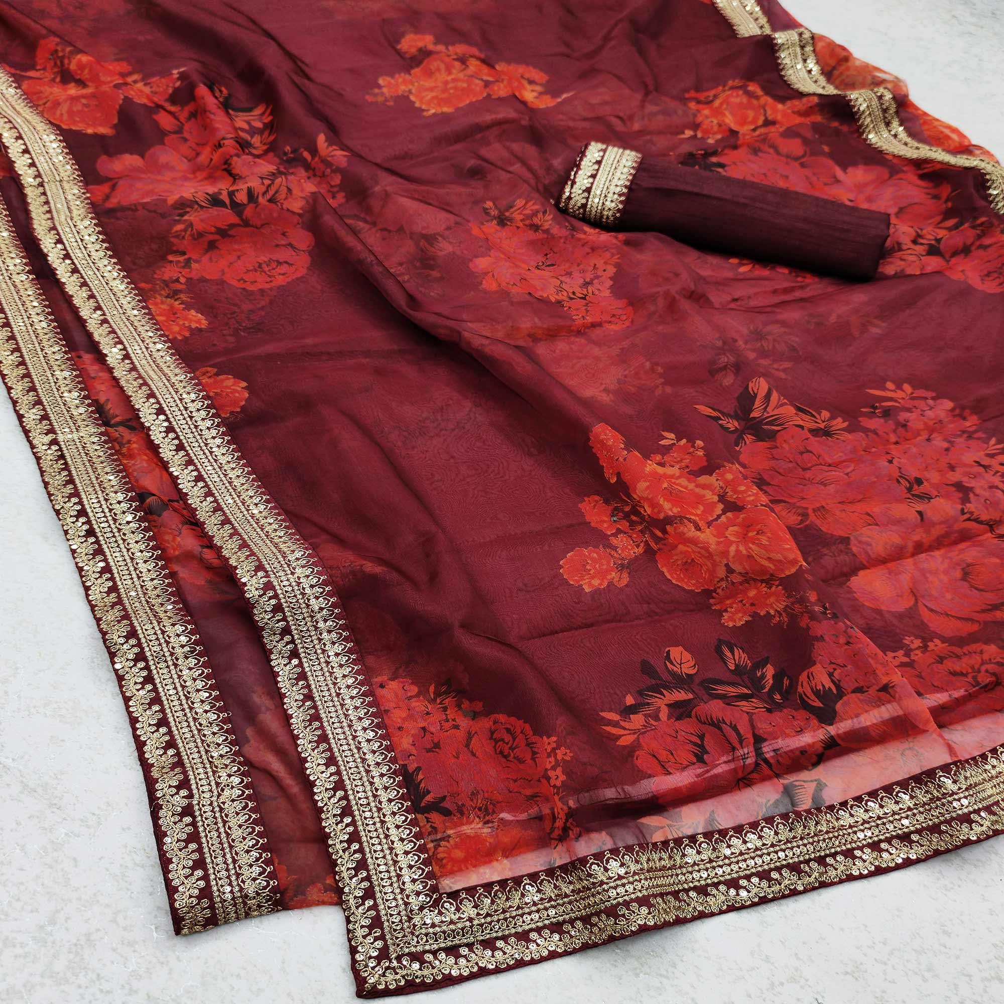 Ravishing Maroon Colored Partywear Printed Organza Saree - Peachmode
