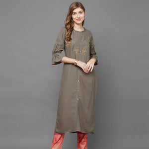 Ravishing Mehendi Green Colored Casual Embroidered Cotton Kurti - Peachmode