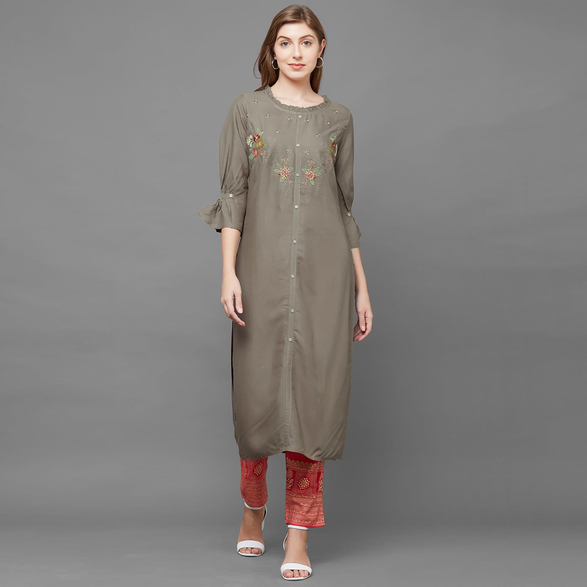 Ravishing Mehendi Green Colored Casual Embroidered Cotton Kurti - Peachmode
