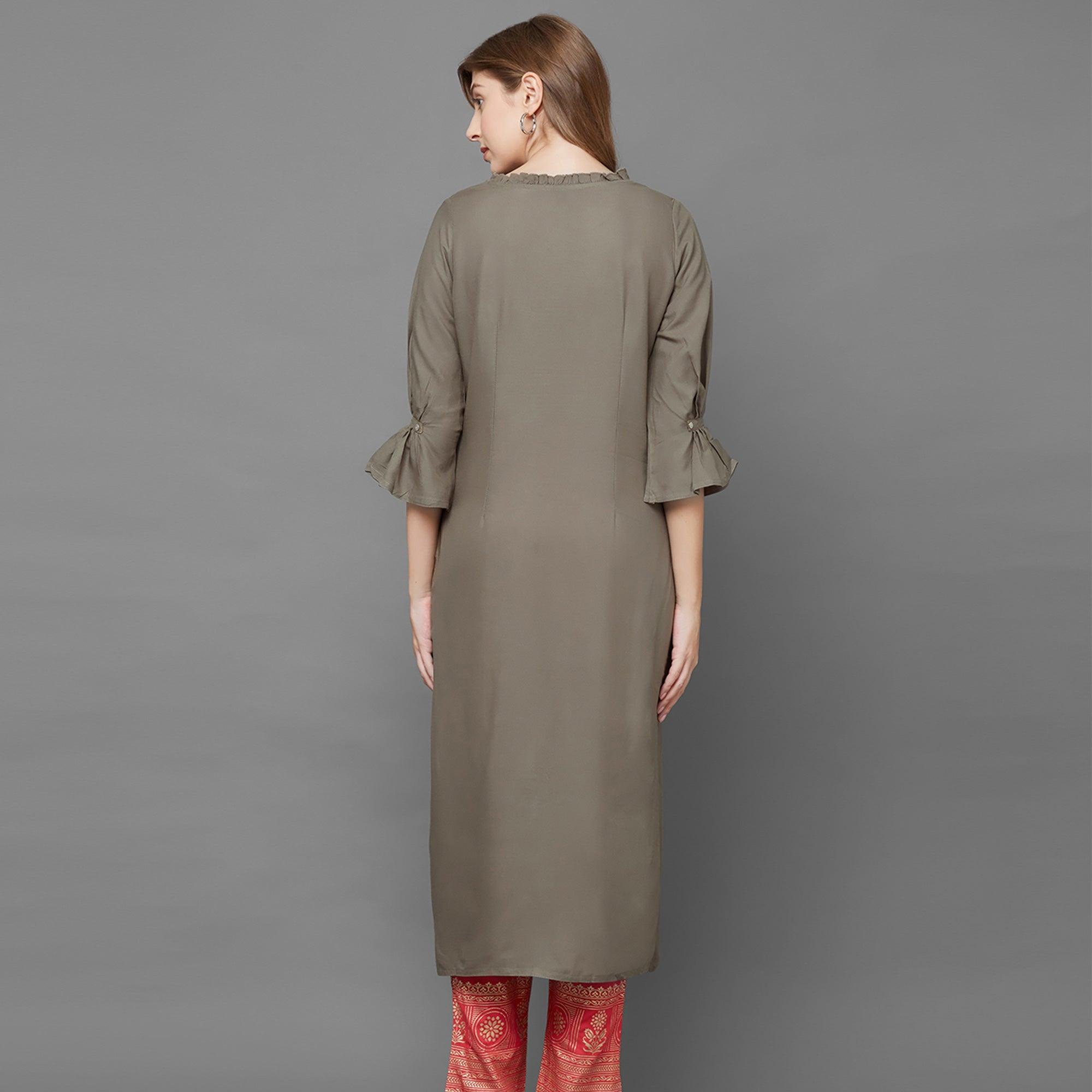 Ravishing Mehendi Green Colored Casual Embroidered Cotton Kurti - Peachmode