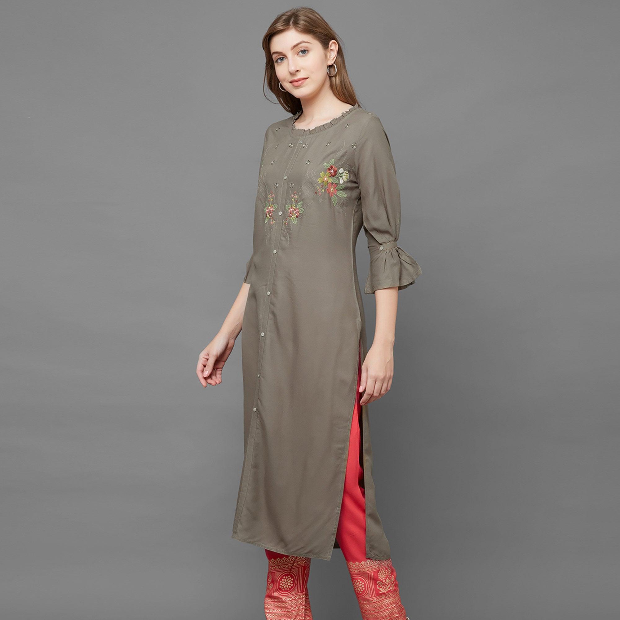 Ravishing Mehendi Green Colored Casual Embroidered Cotton Kurti - Peachmode
