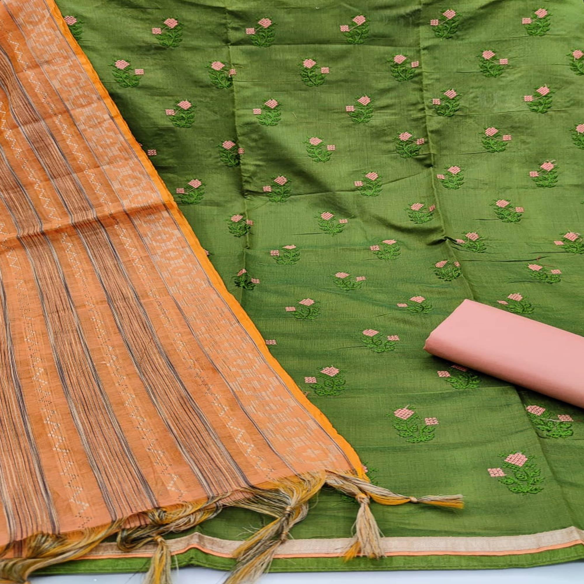 Ravishing Mehendi Green Colored Casual Wear Embroidered Banarasi Cotton Dress Material - Peachmode