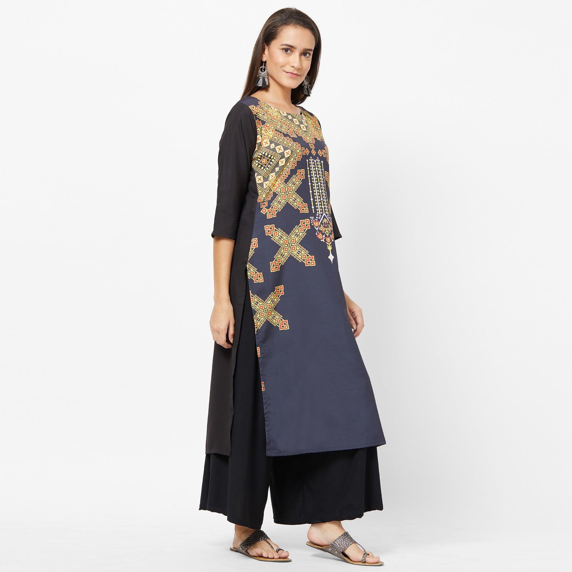 Ravishing Navy Blue Colored Casual Printed Crepe Kurti - Peachmode