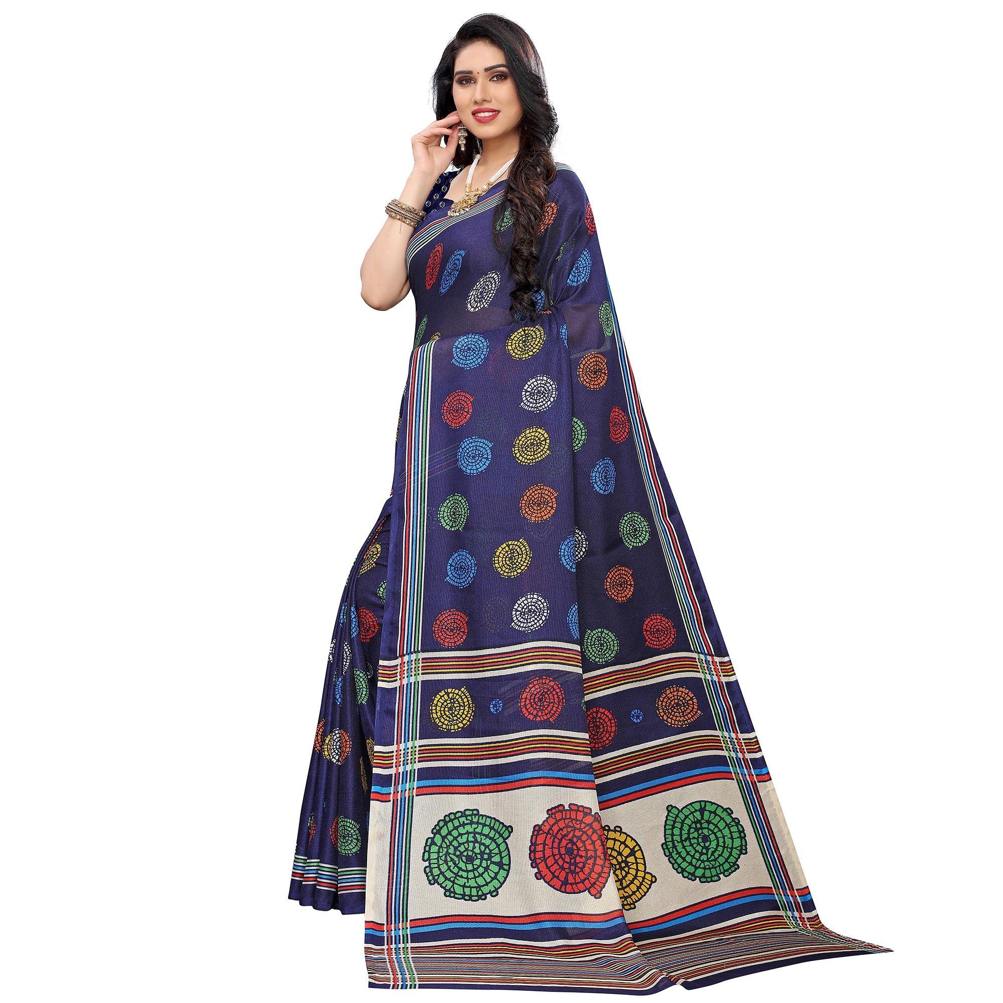 Ravishing Navy Blue Colored Casual Wear Printed Jute Silk Saree - Peachmode