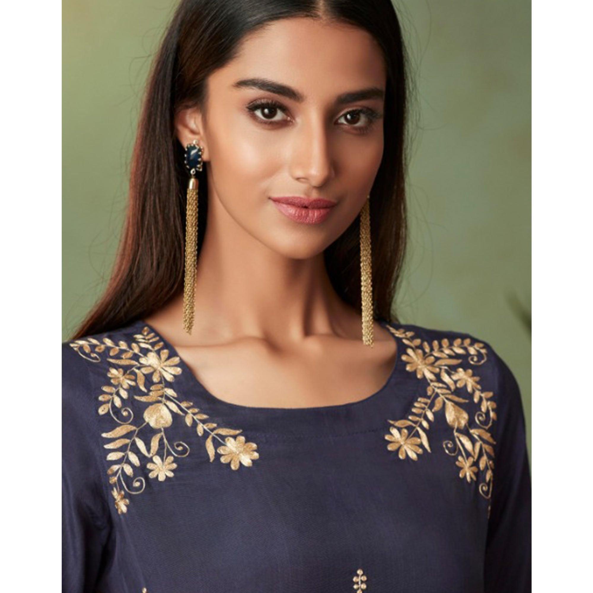 Ravishing Navy Blue Colored Partywear Embroidered Muslin Crepe Silk Palazzo Suit - Peachmode