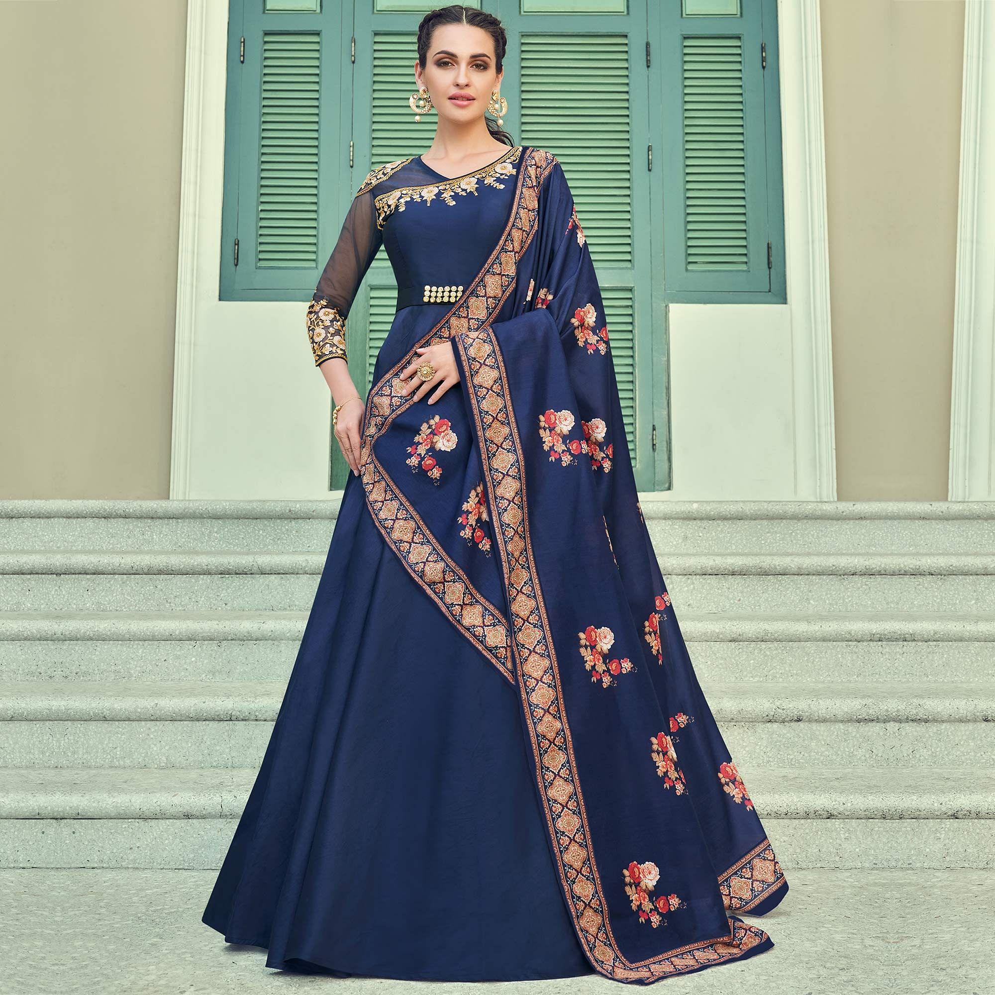 Ravishing Navy Blue Coloured Embroidered Party Wear Floral Taffeta Gown - Peachmode