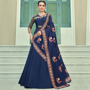 Ravishing Navy Blue Coloured Embroidered Party Wear Floral Taffeta Gown - Peachmode