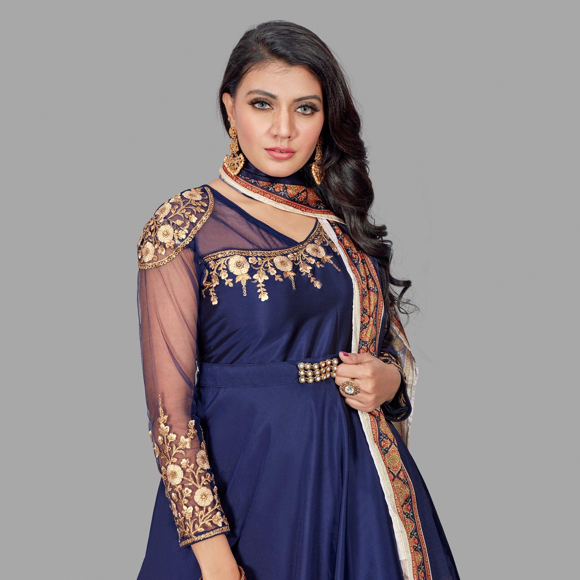 Ravishing Navy Blue Coloured Embroidered Party Wear Floral Taffeta Gown - Peachmode