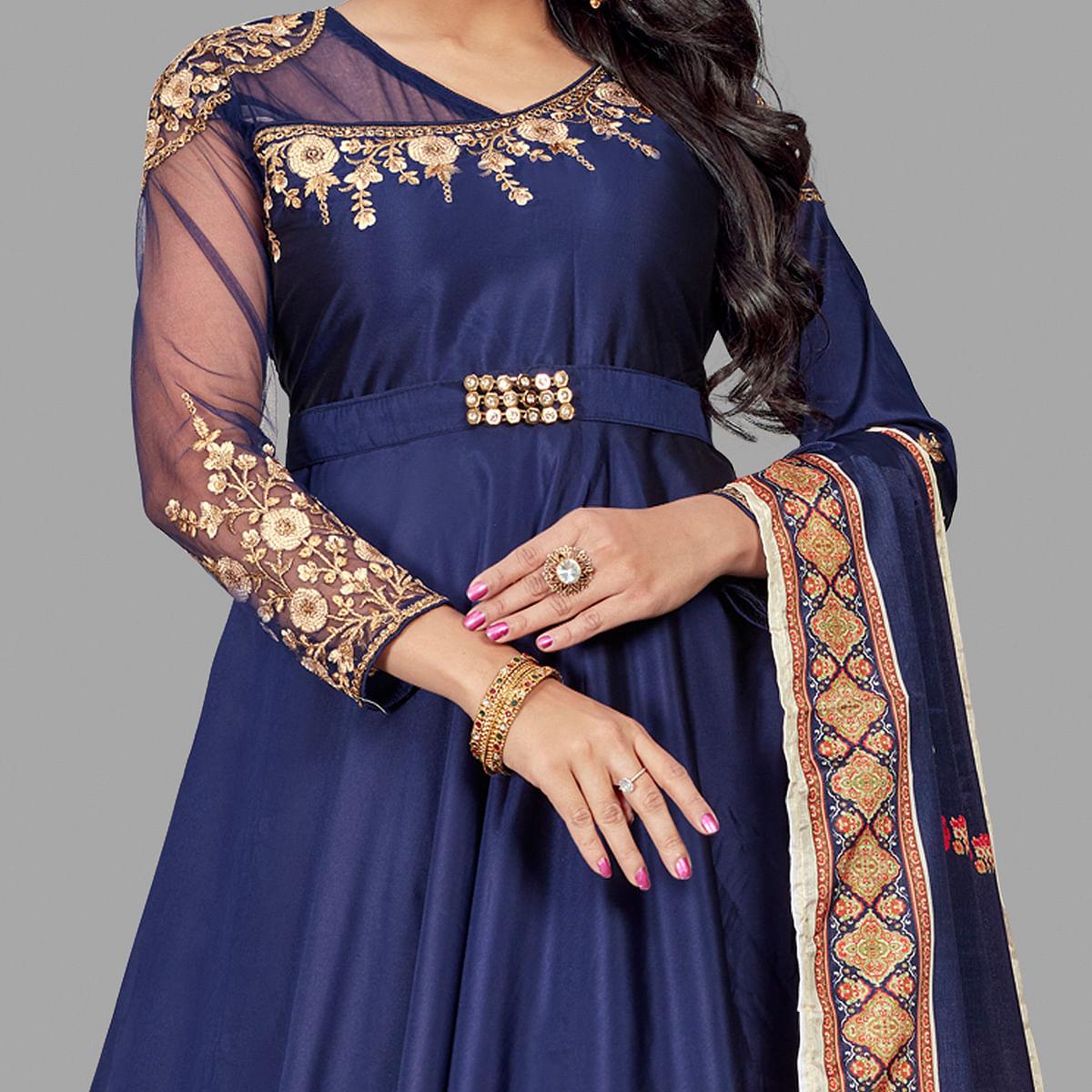 Ravishing Navy Blue Coloured Embroidered Party Wear Floral Taffeta Gown - Peachmode