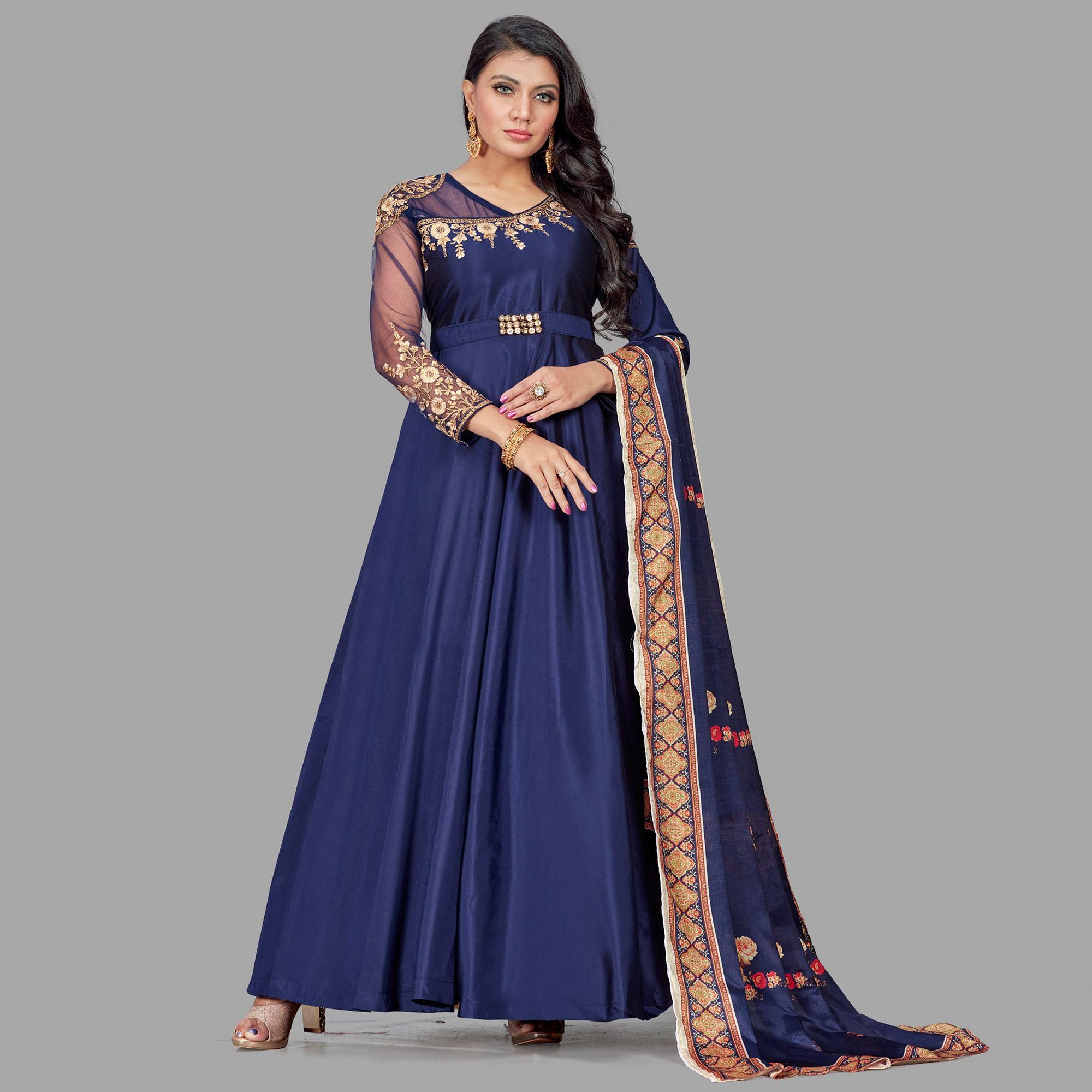 Ravishing Navy Blue Coloured Embroidered Party Wear Floral Taffeta Gown - Peachmode