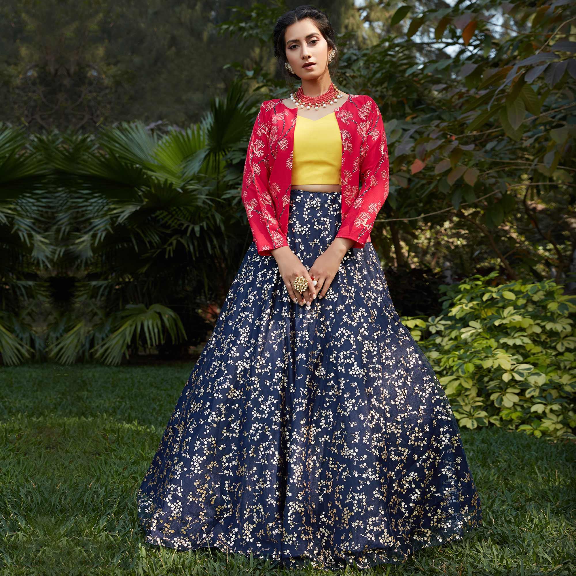 Ravishing Navy Blue Coloured Metallic Foil Printed Net Lehenga Choli - Peachmode