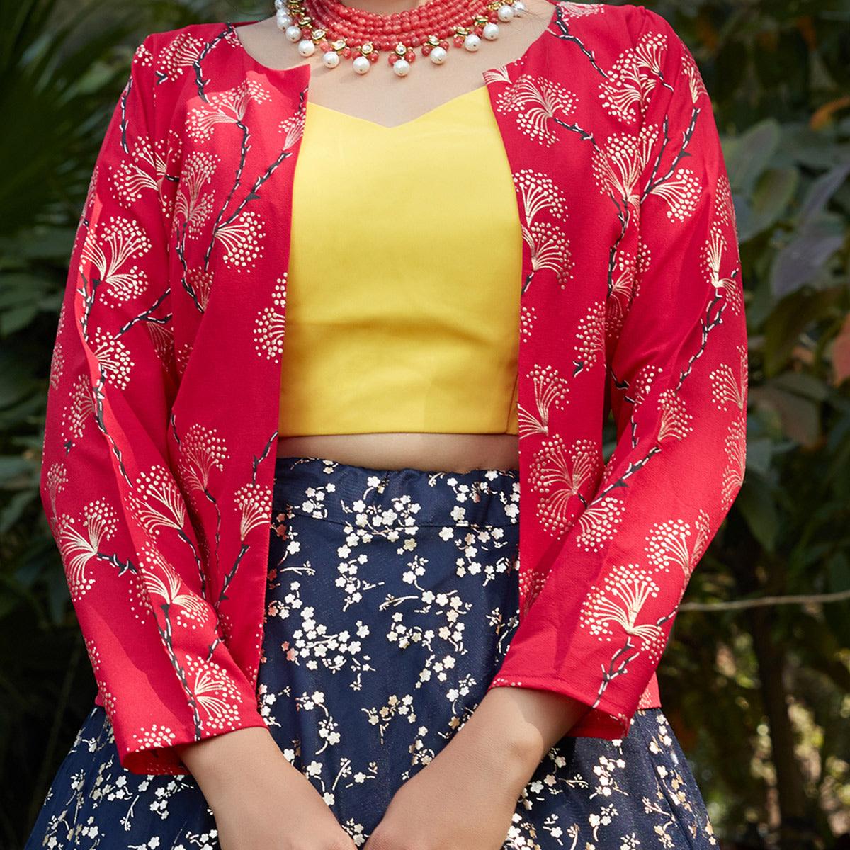 Ravishing Navy Blue Coloured Metallic Foil Printed Net Lehenga Choli - Peachmode