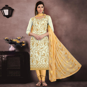 Ravishing Off White Colored Party Wear Embroidered Modal Chanderi Dress Material - Peachmode