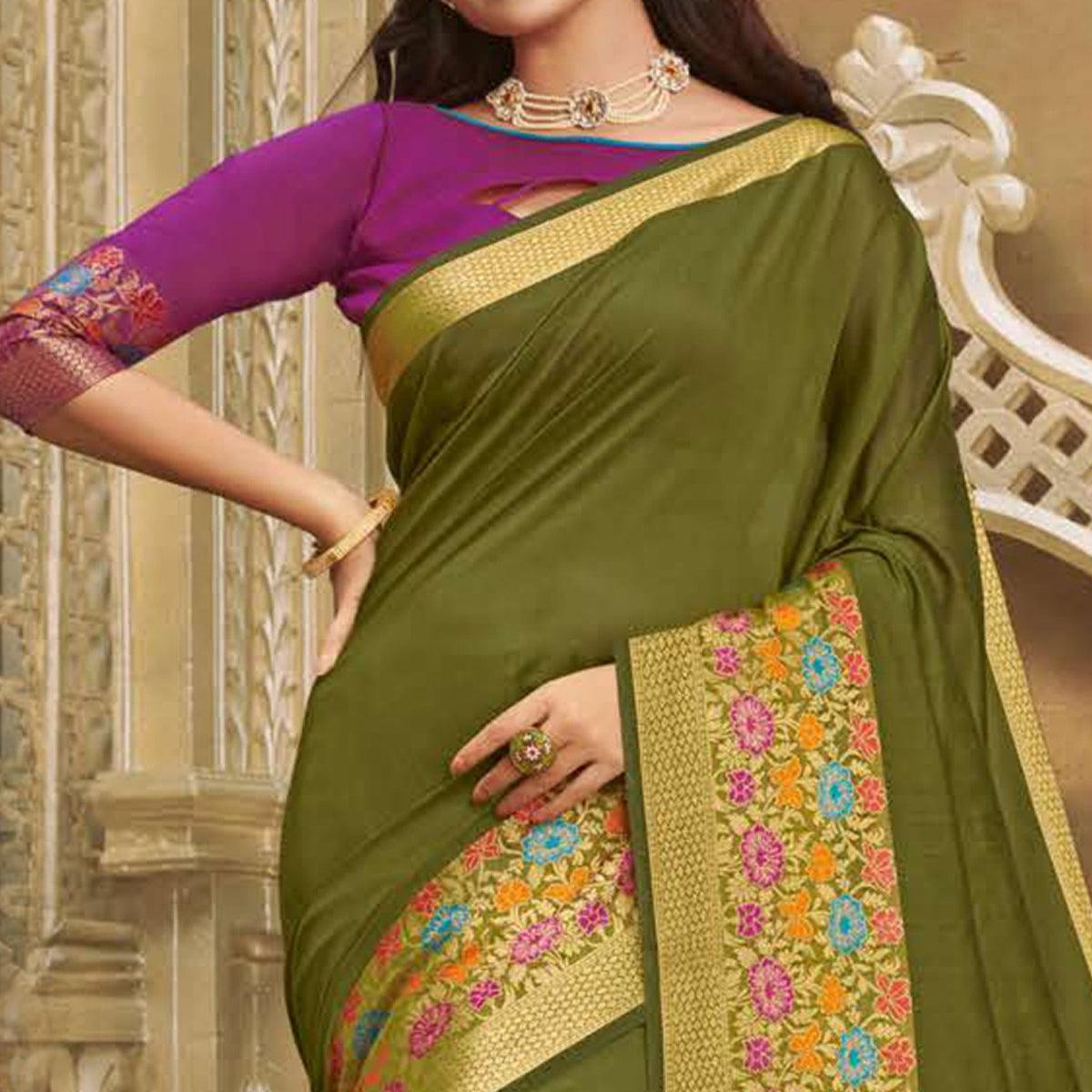 Ravishing Olive Green Colored Festive Wear Woven Cotton Handloom Saree - Peachmode