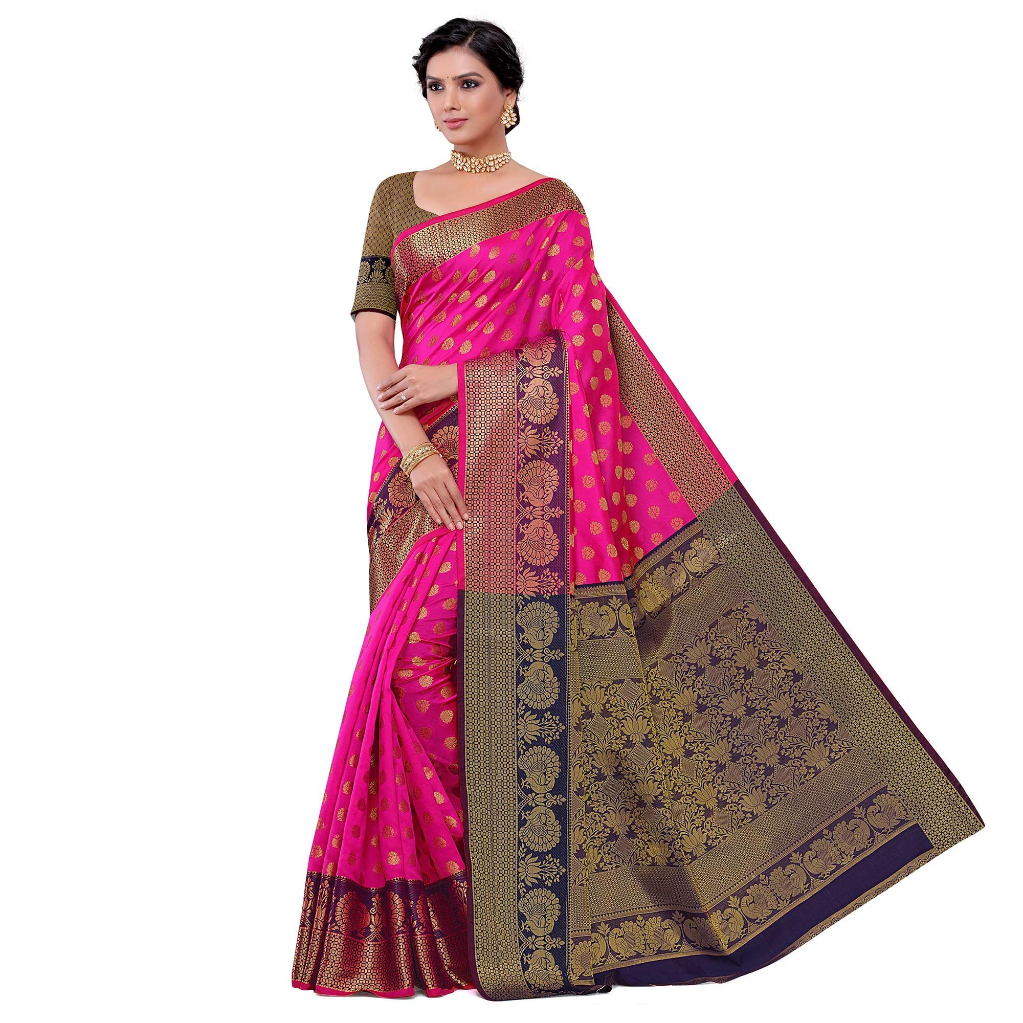 Ravishing Pink Colored Festive Wear Woven Kota Art Silk Banarasi Saree - Peachmode