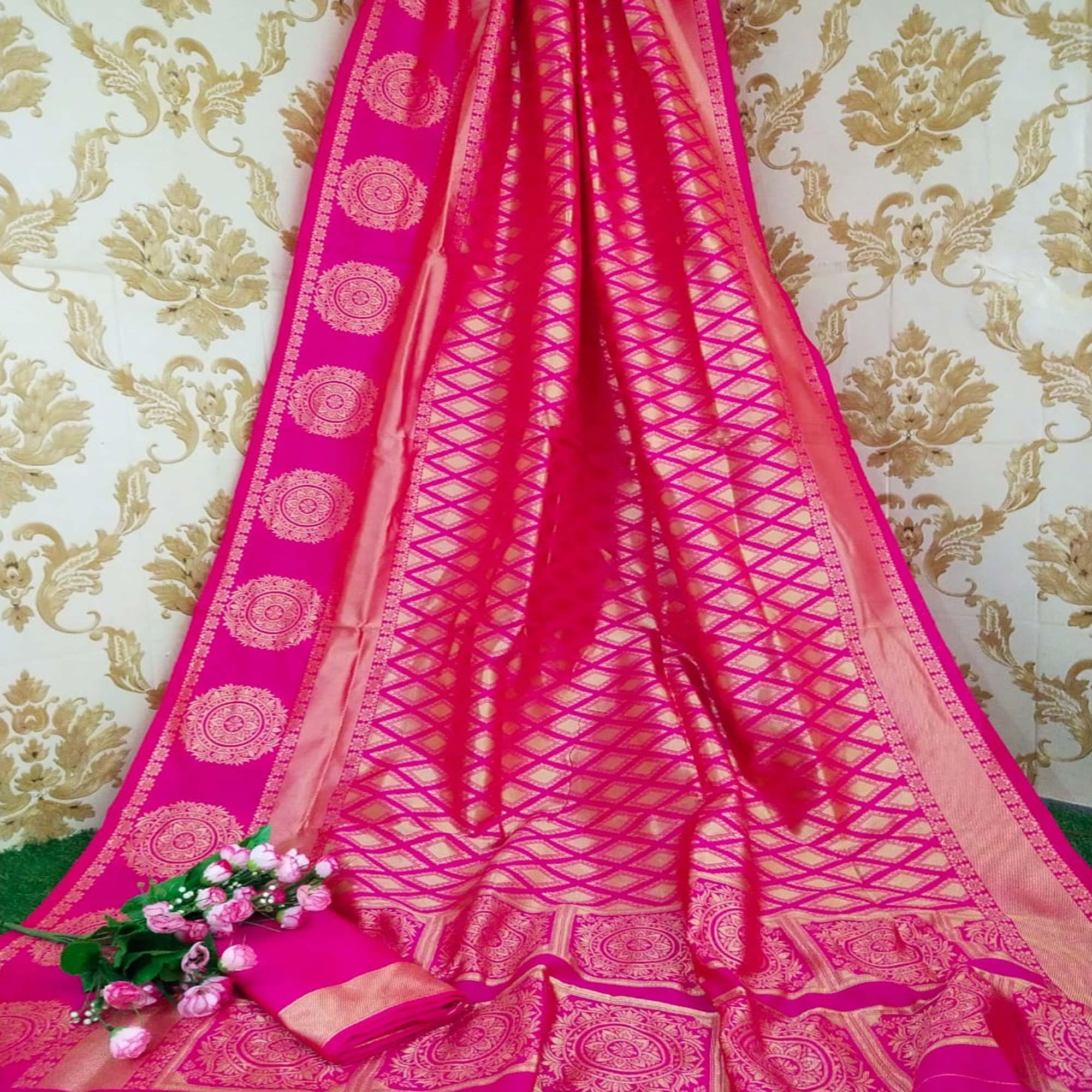 Ravishing Pink Colored Festive Wear Woven Soft Lichi Silk Saree - Peachmode