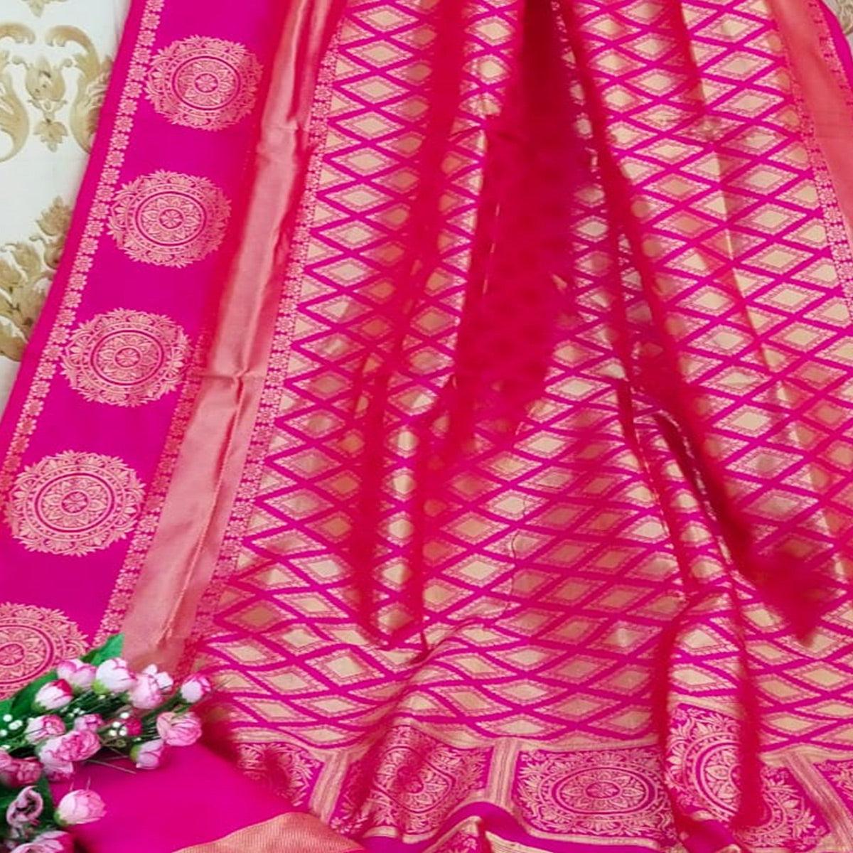 Ravishing Pink Colored Festive Wear Woven Soft Lichi Silk Saree - Peachmode