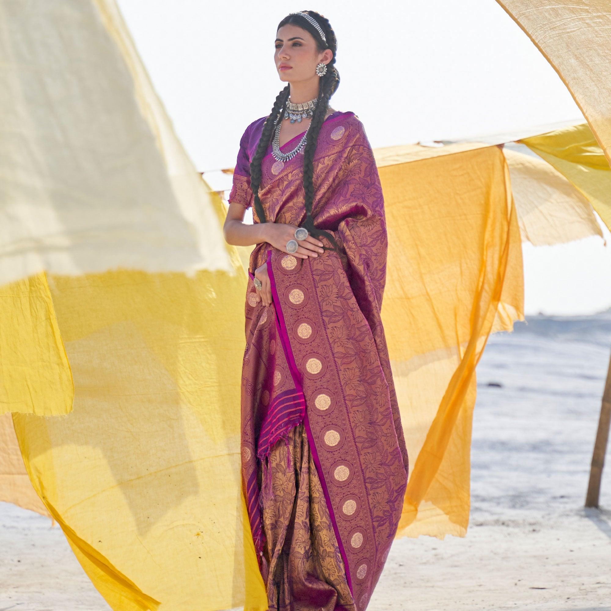 Ravishing Purple Colored Festive Wear Weaving Handloom Soft Silk Saree - Peachmode