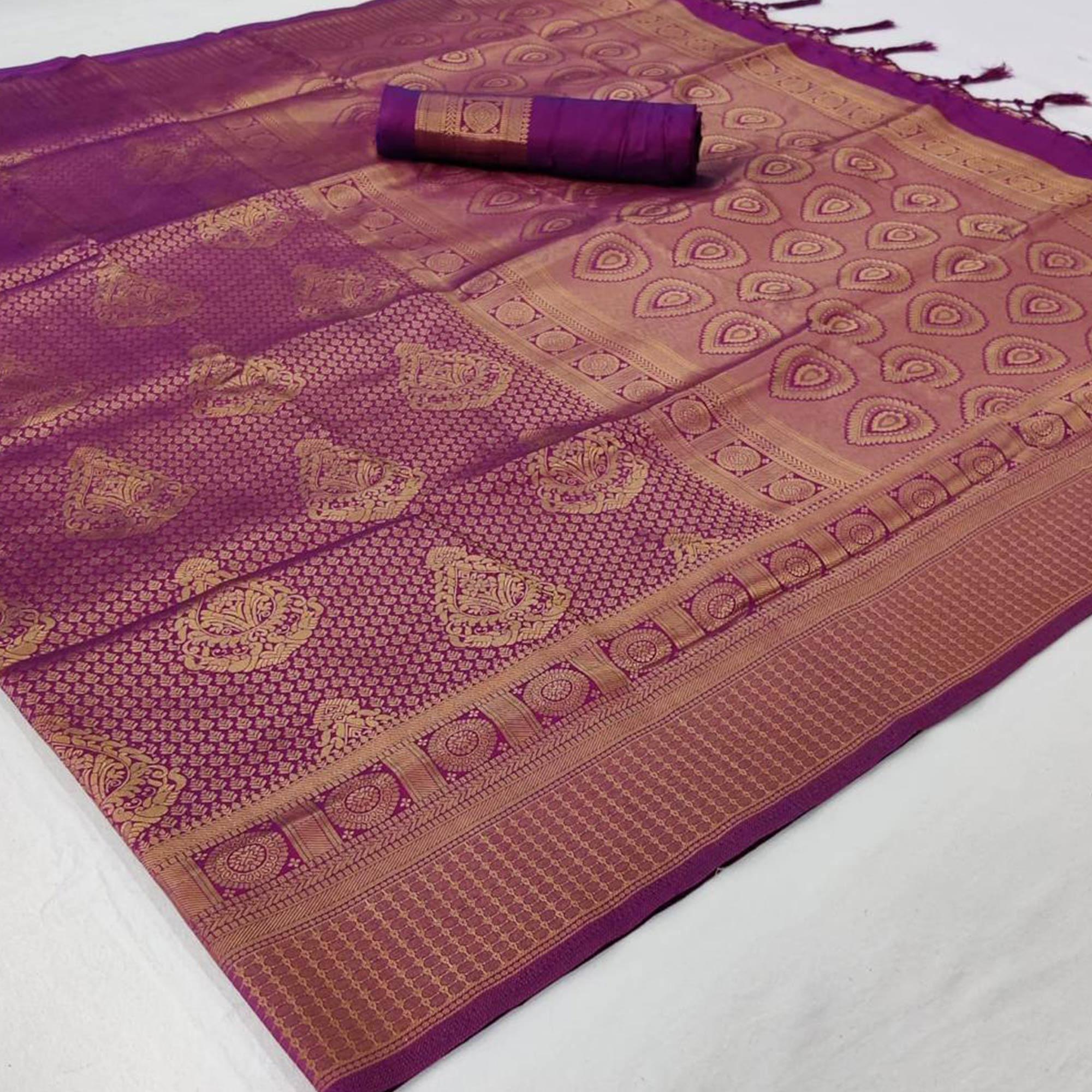 Ravishing Purple Colored Festive Wear Woven Silk Saree With Tassels - Peachmode