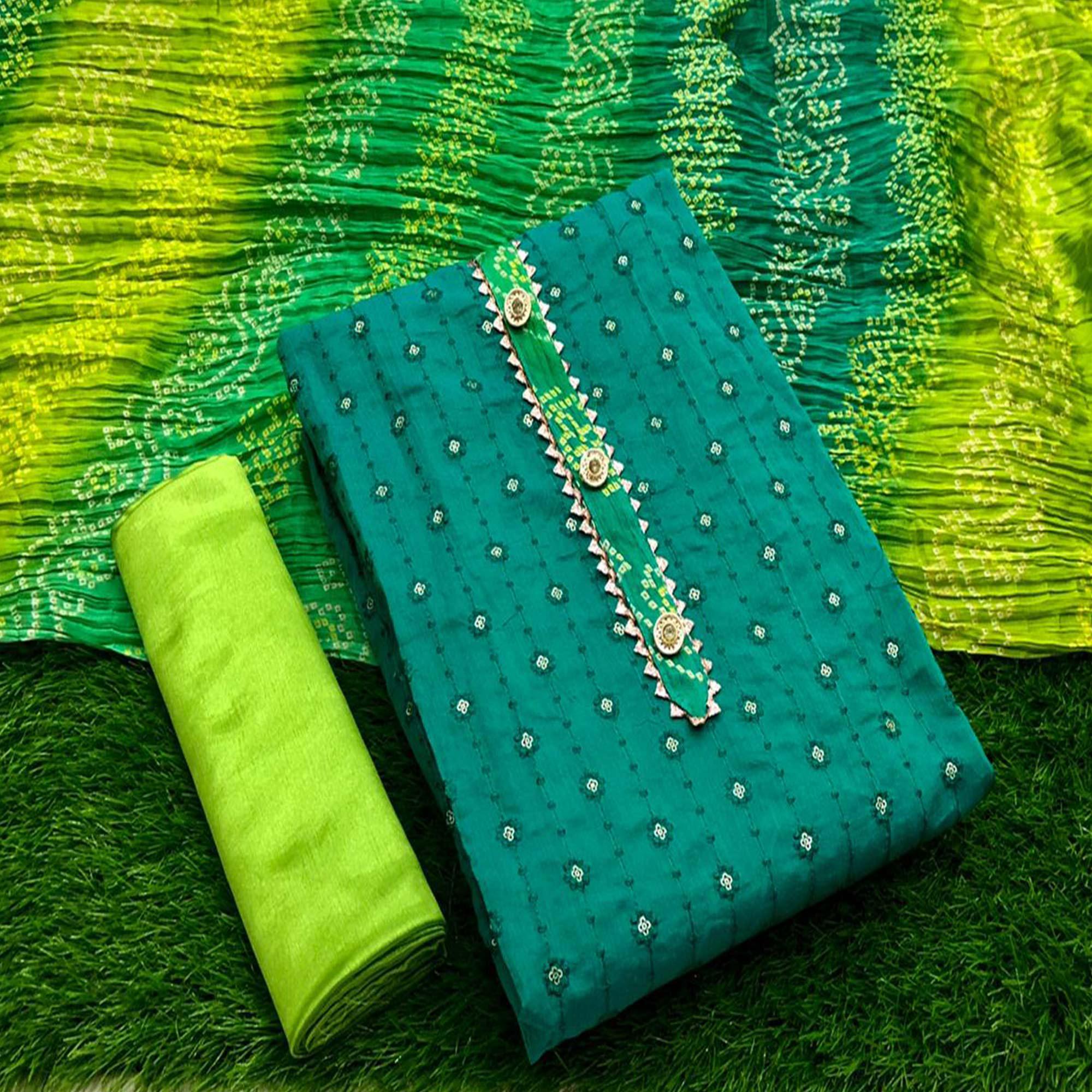 Ravishing Rama Green Colored Casual Wear Embroidered Semi Modal Dress Material - Peachmode