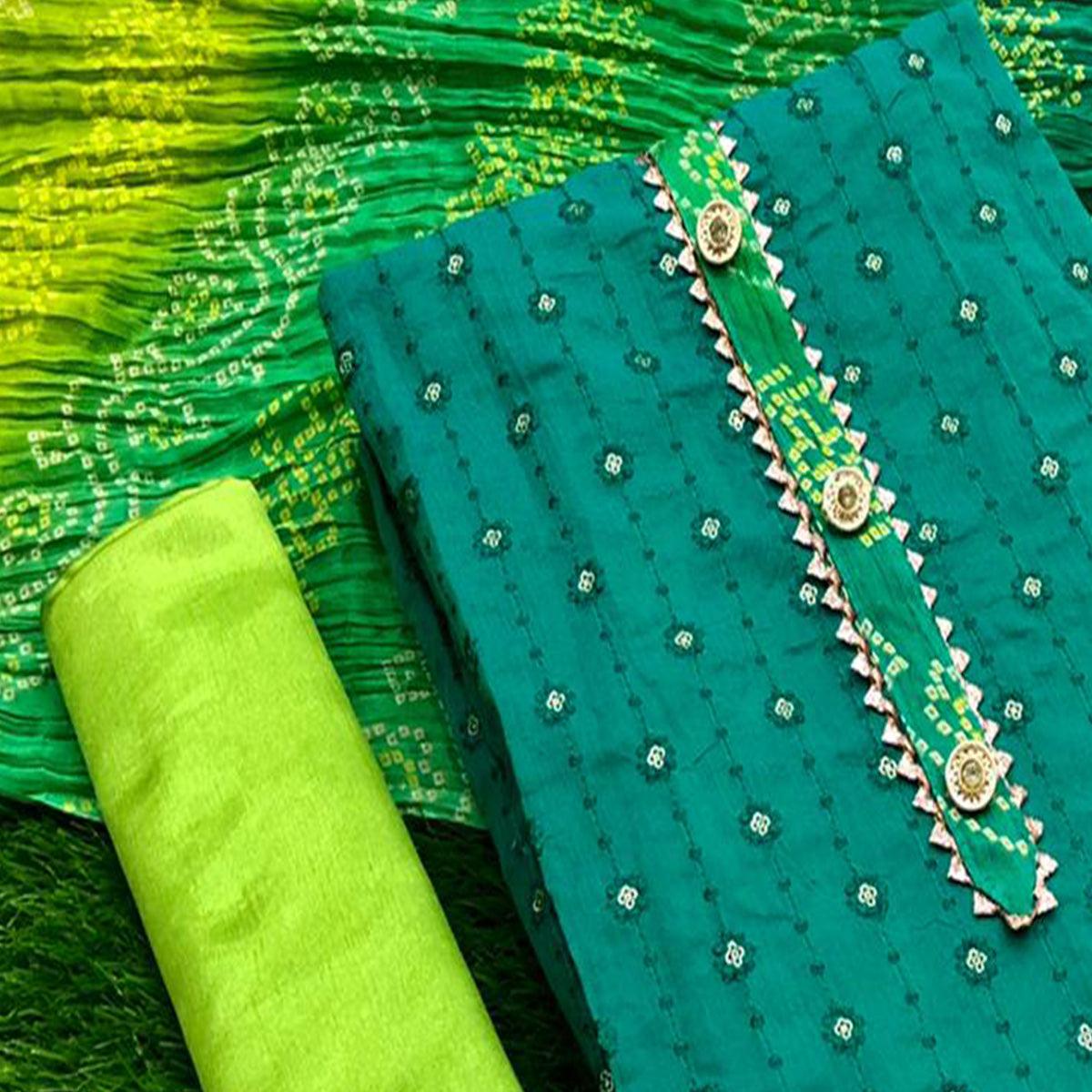 Ravishing Rama Green Colored Casual Wear Embroidered Semi Modal Dress Material - Peachmode