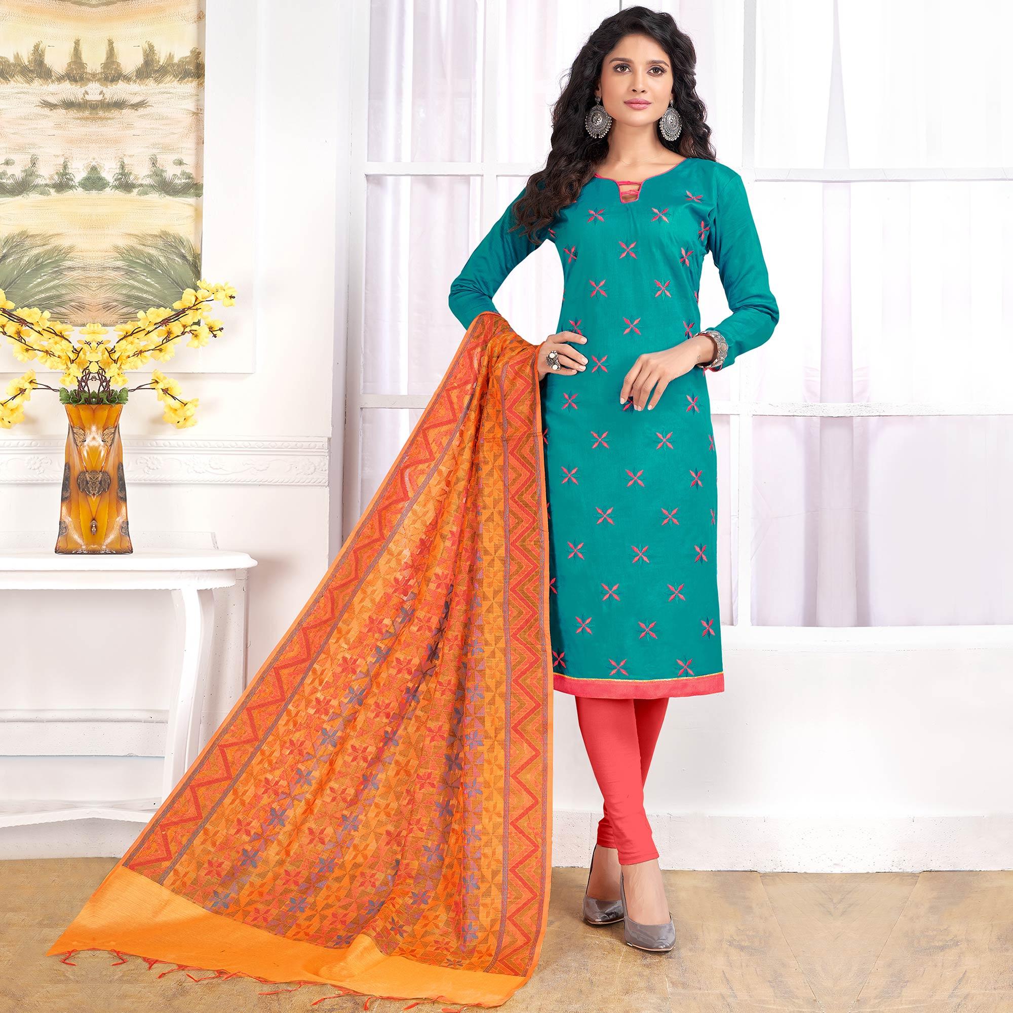 Ravishing Rama Green Colored Party Wear Embroidered Cotton Salwar Suit - Peachmode