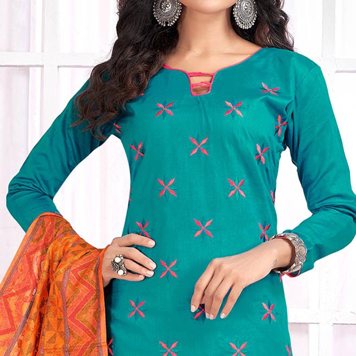 Ravishing Rama Green Colored Party Wear Embroidered Cotton Salwar Suit - Peachmode
