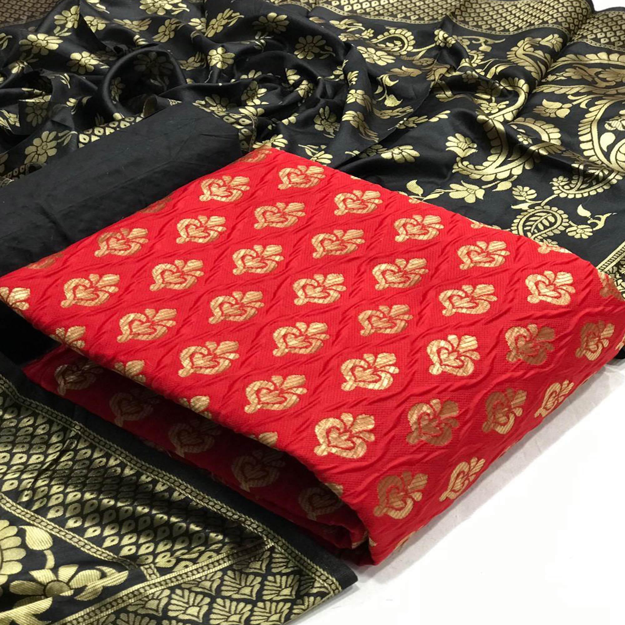 Ravishing Red Colored Casual Wear Woven Banarasi Silk Dress Material - Peachmode