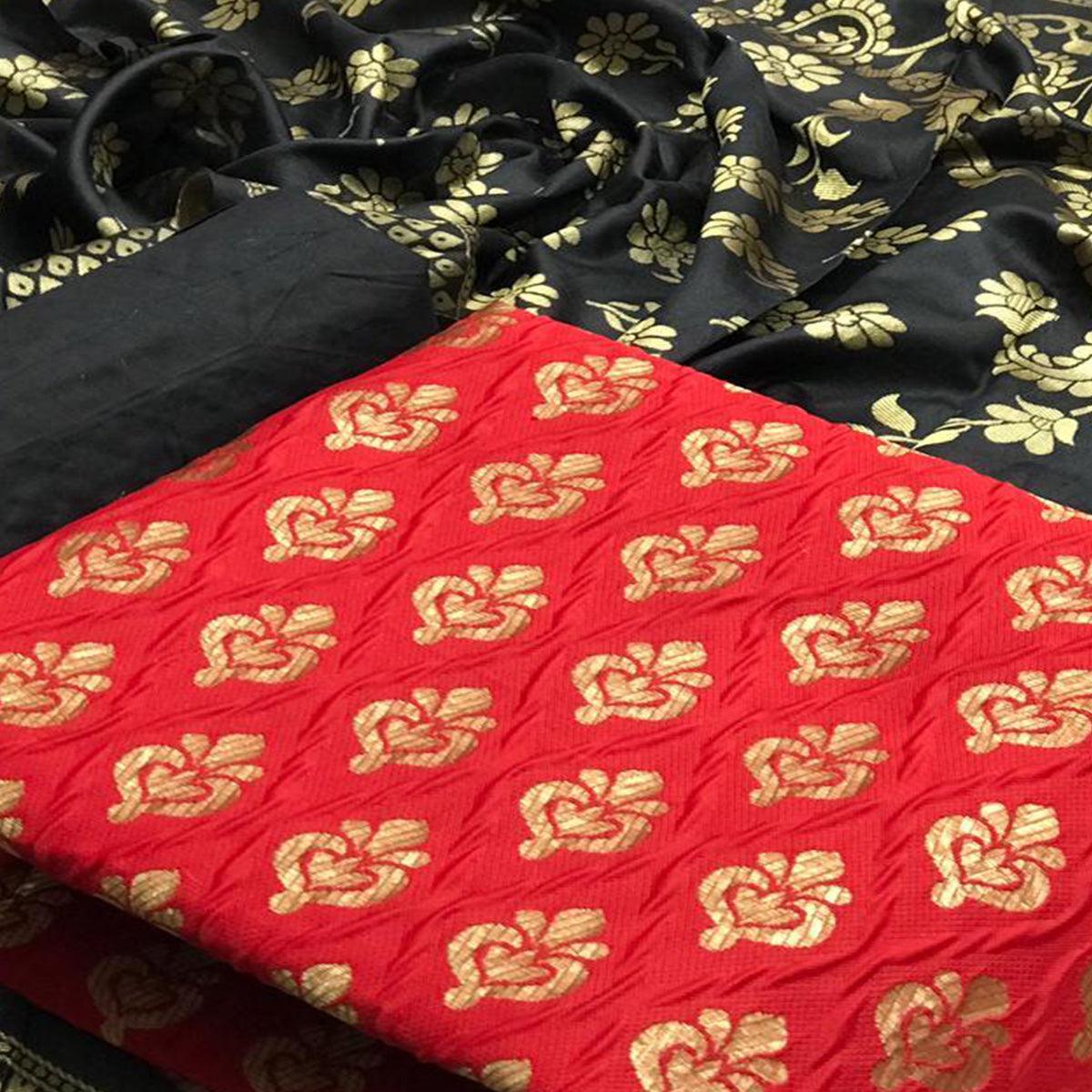 Ravishing Red Colored Casual Wear Woven Banarasi Silk Dress Material - Peachmode