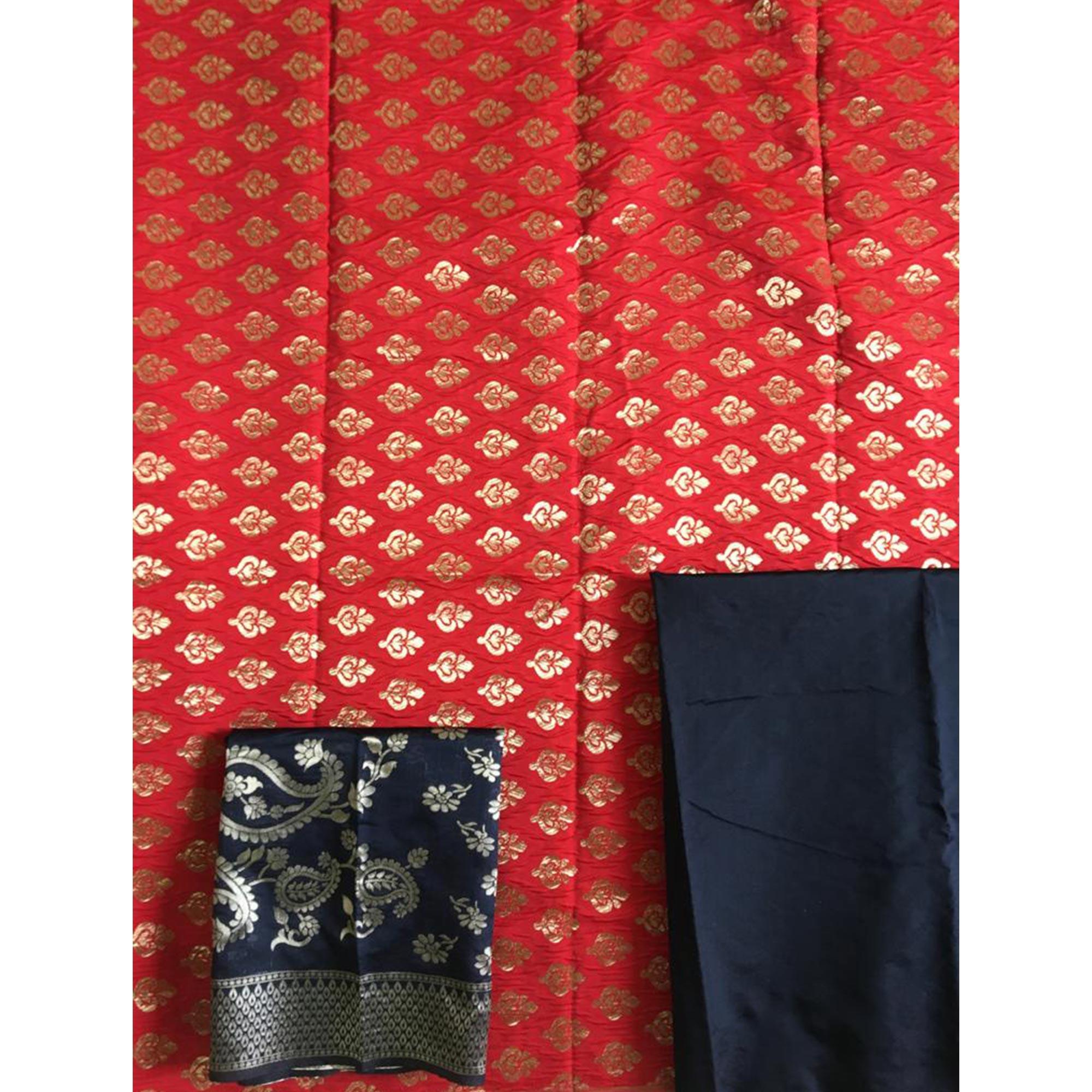 Ravishing Red Colored Casual Wear Woven Banarasi Silk Dress Material - Peachmode