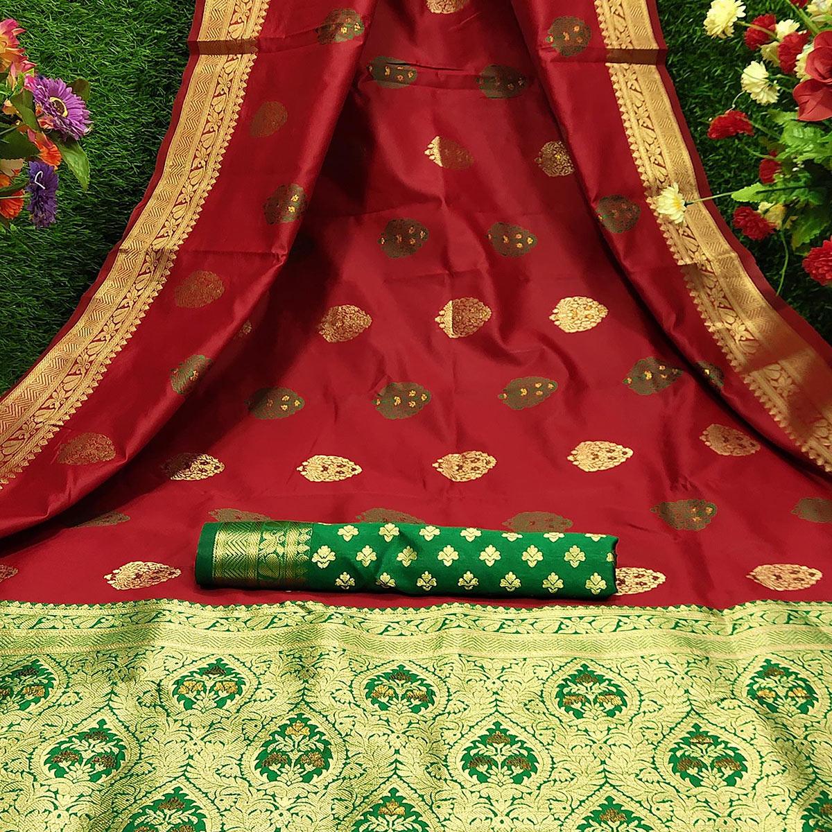 Ravishing Red Colored Festive Wear Woven Banarasi Silk Saree - Peachmode