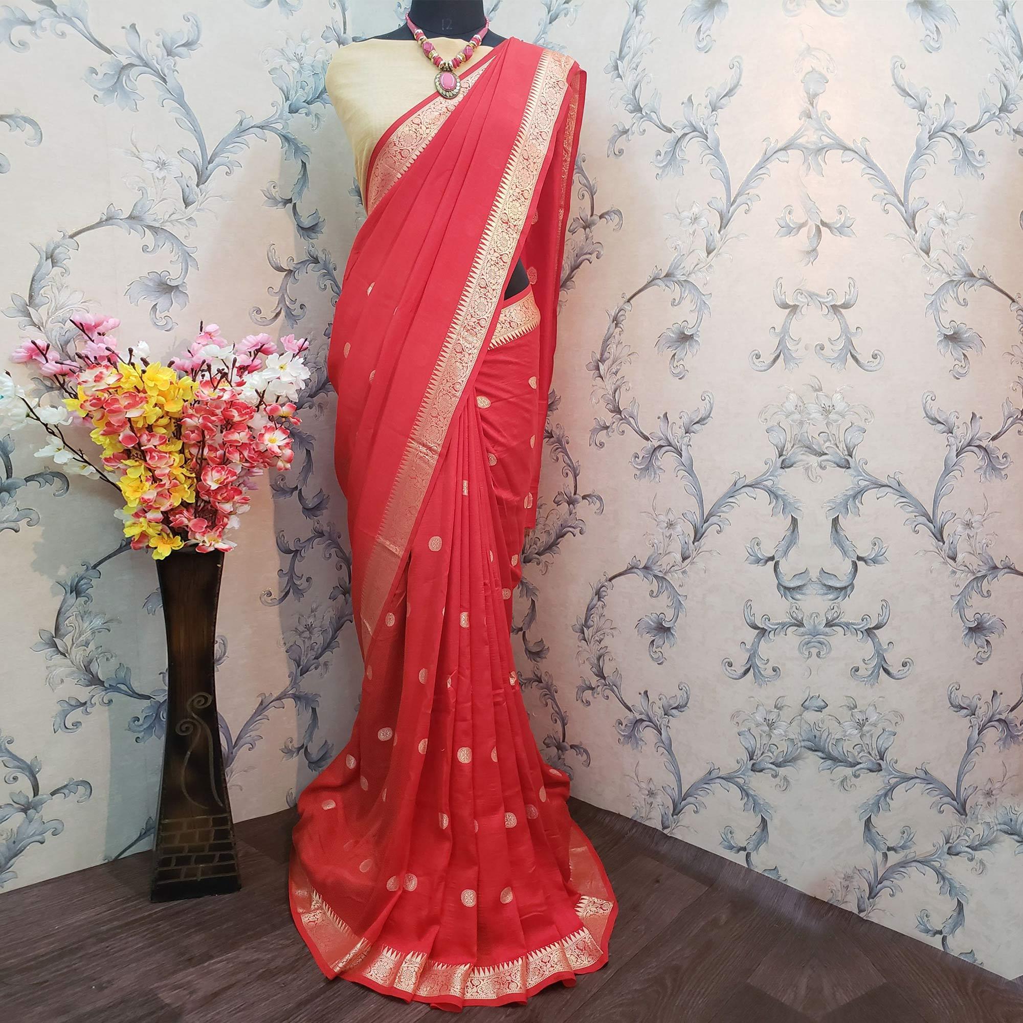 Ravishing Red Colored Festive Wear Woven Vichitra Silk Saree - Peachmode