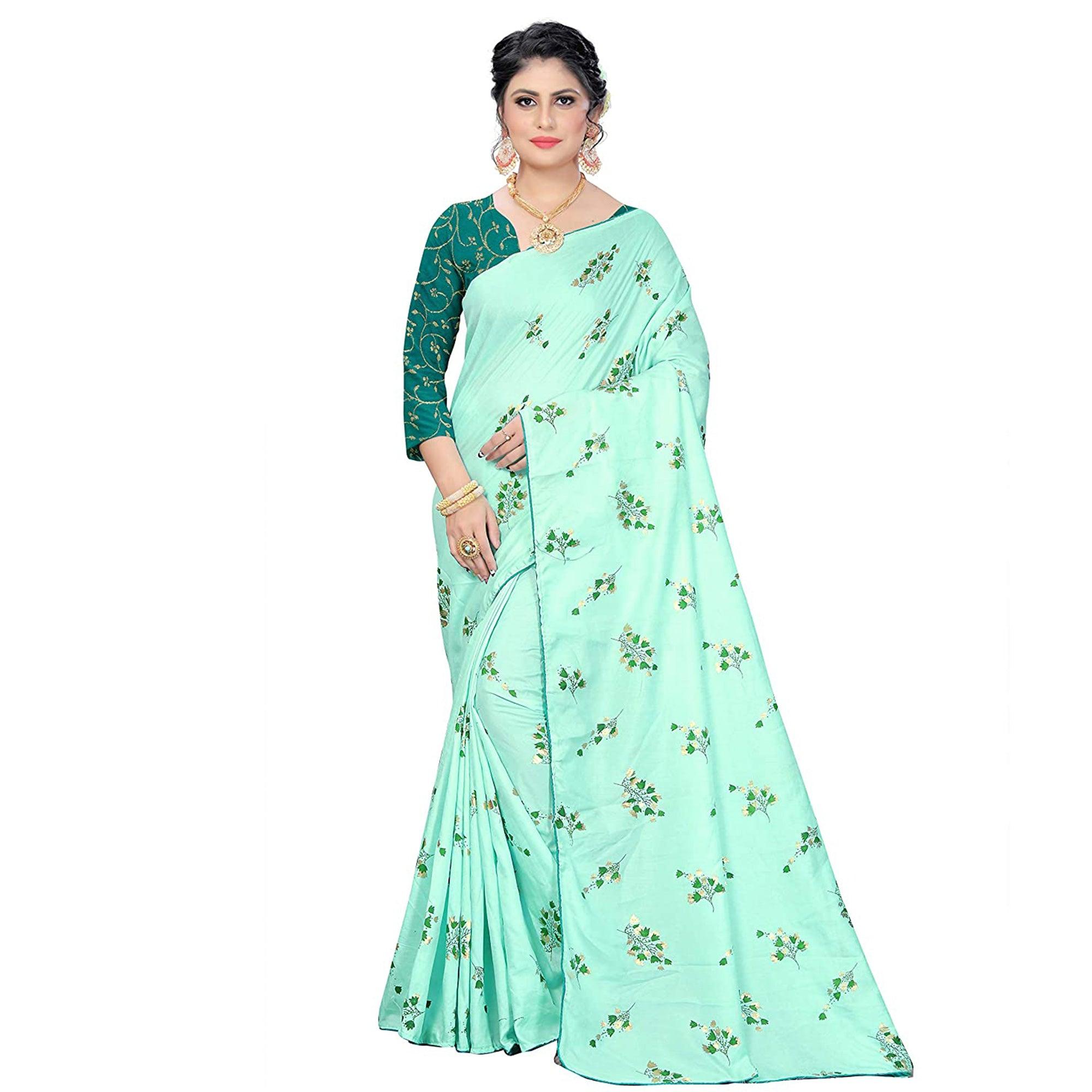 Ravishing Sea Green Colored Partywear Foil Work Printed Art Silk Saree - Peachmode
