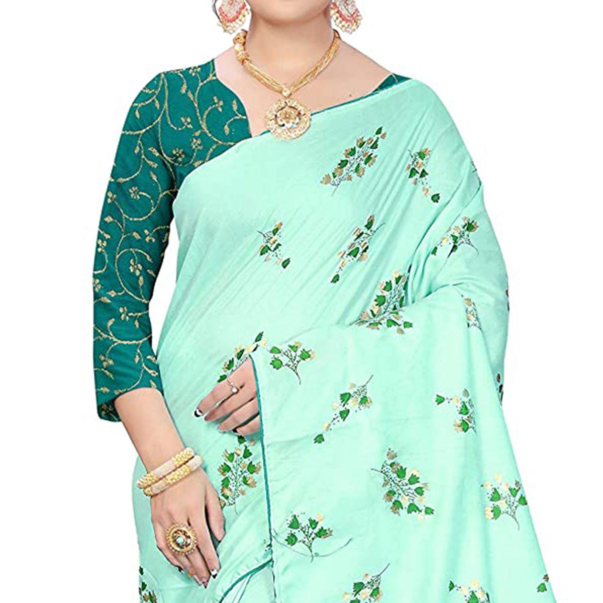 Ravishing Sea Green Colored Partywear Foil Work Printed Art Silk Saree - Peachmode
