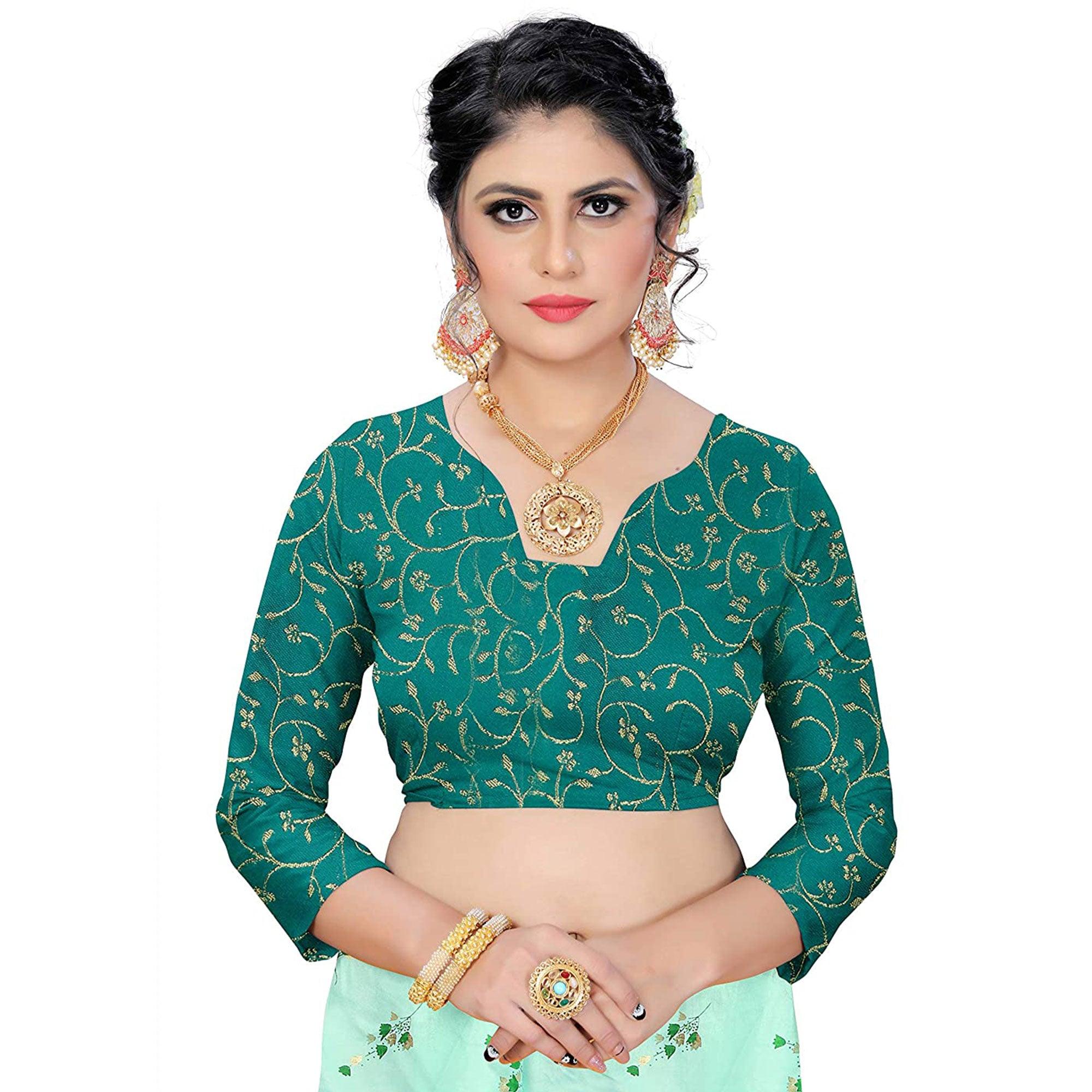 Ravishing Sea Green Colored Partywear Foil Work Printed Art Silk Saree - Peachmode
