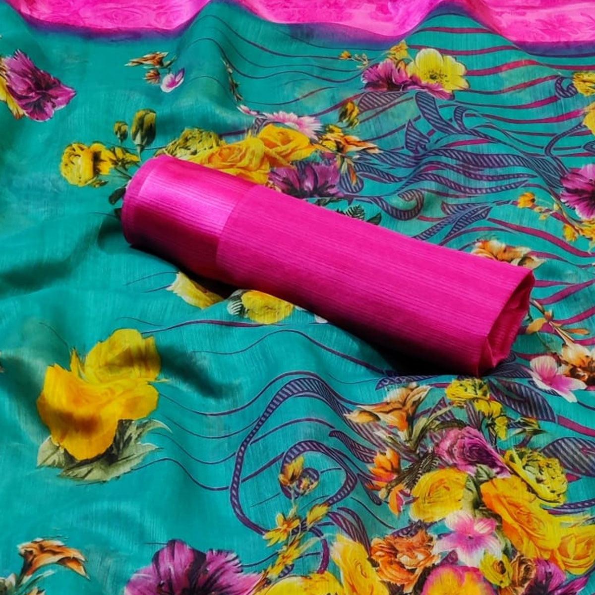 Ravishing Turquoise Green Colored Casual Wear Fancy Printed Linen Saree - Peachmode