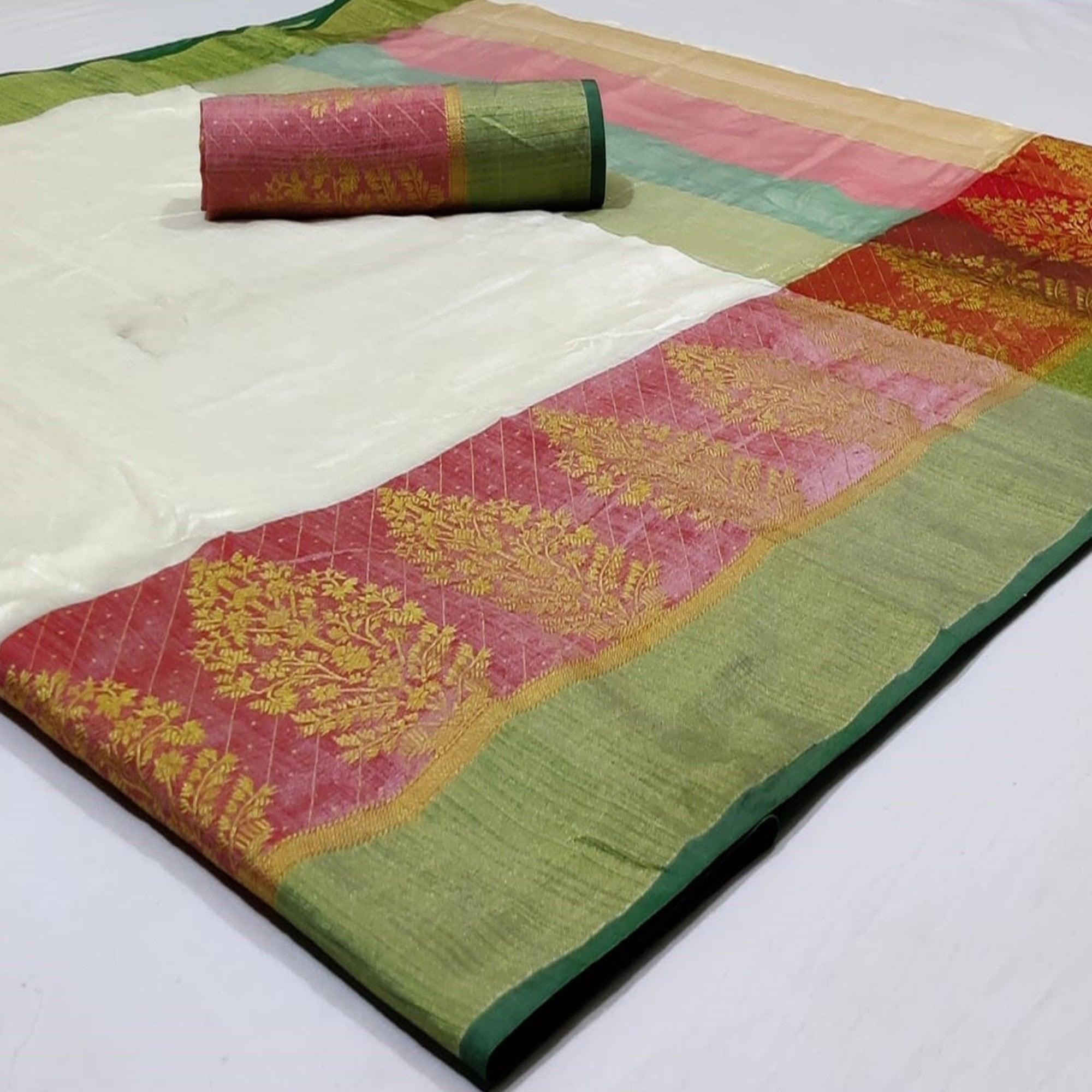 Ravishing White Colored Festive Wear Woven Silk Saree - Peachmode