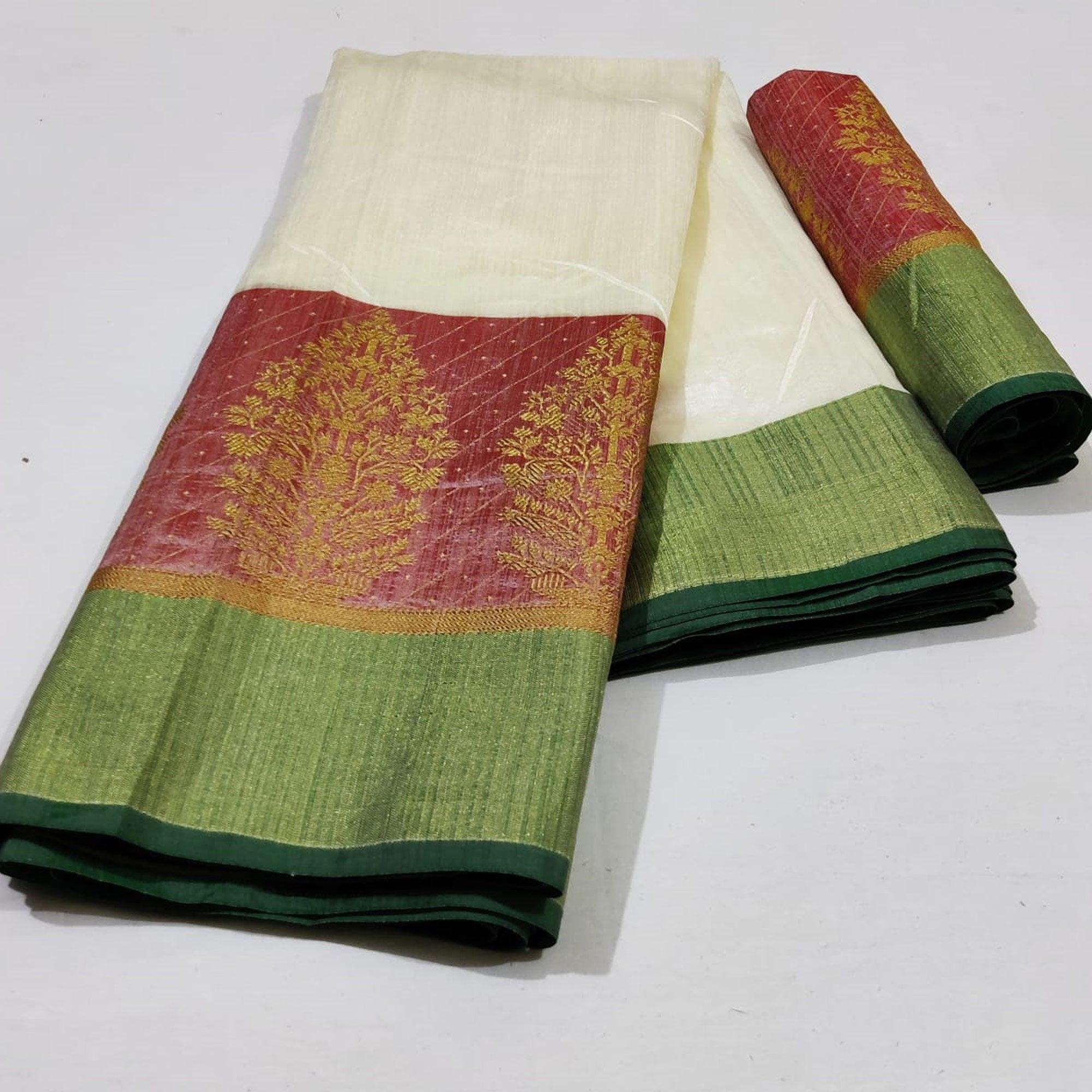 Ravishing White Colored Festive Wear Woven Silk Saree - Peachmode