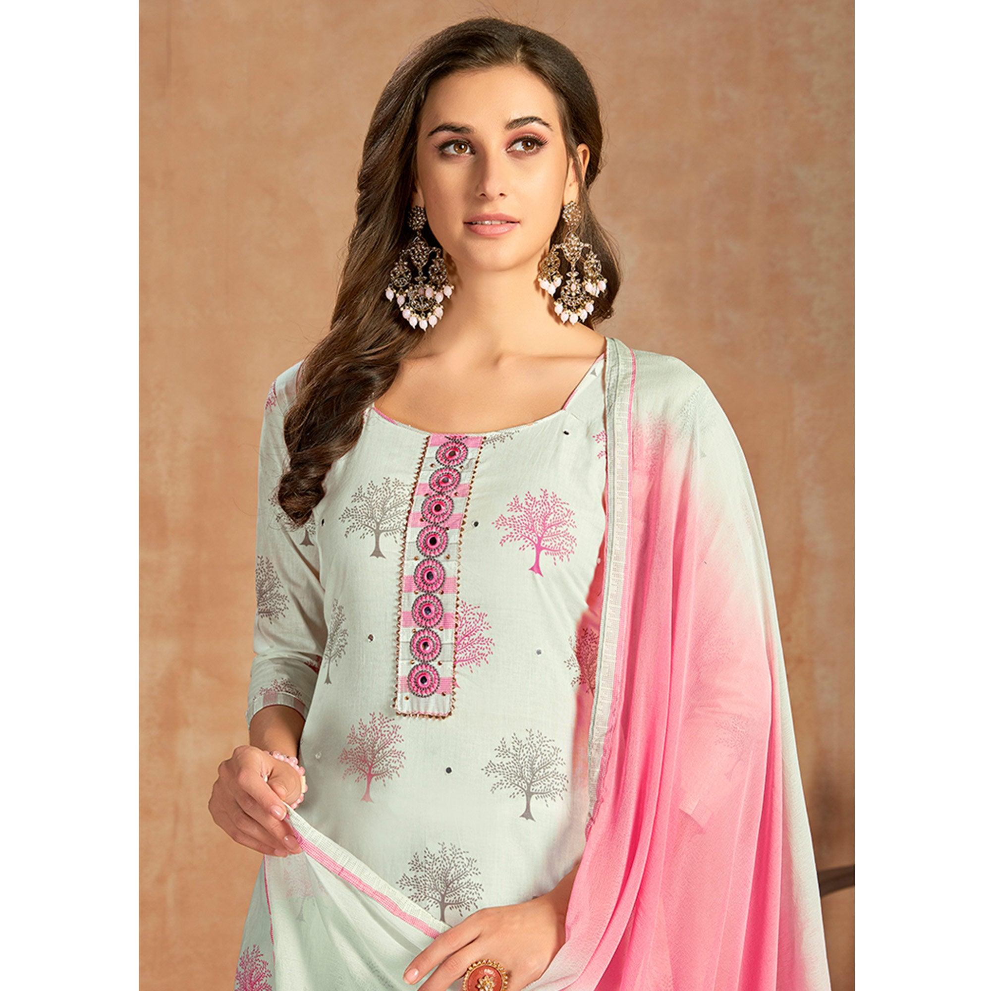 Ravishing White Colored Partywear Embroidered Pure Cotton Dress Material - Peachmode