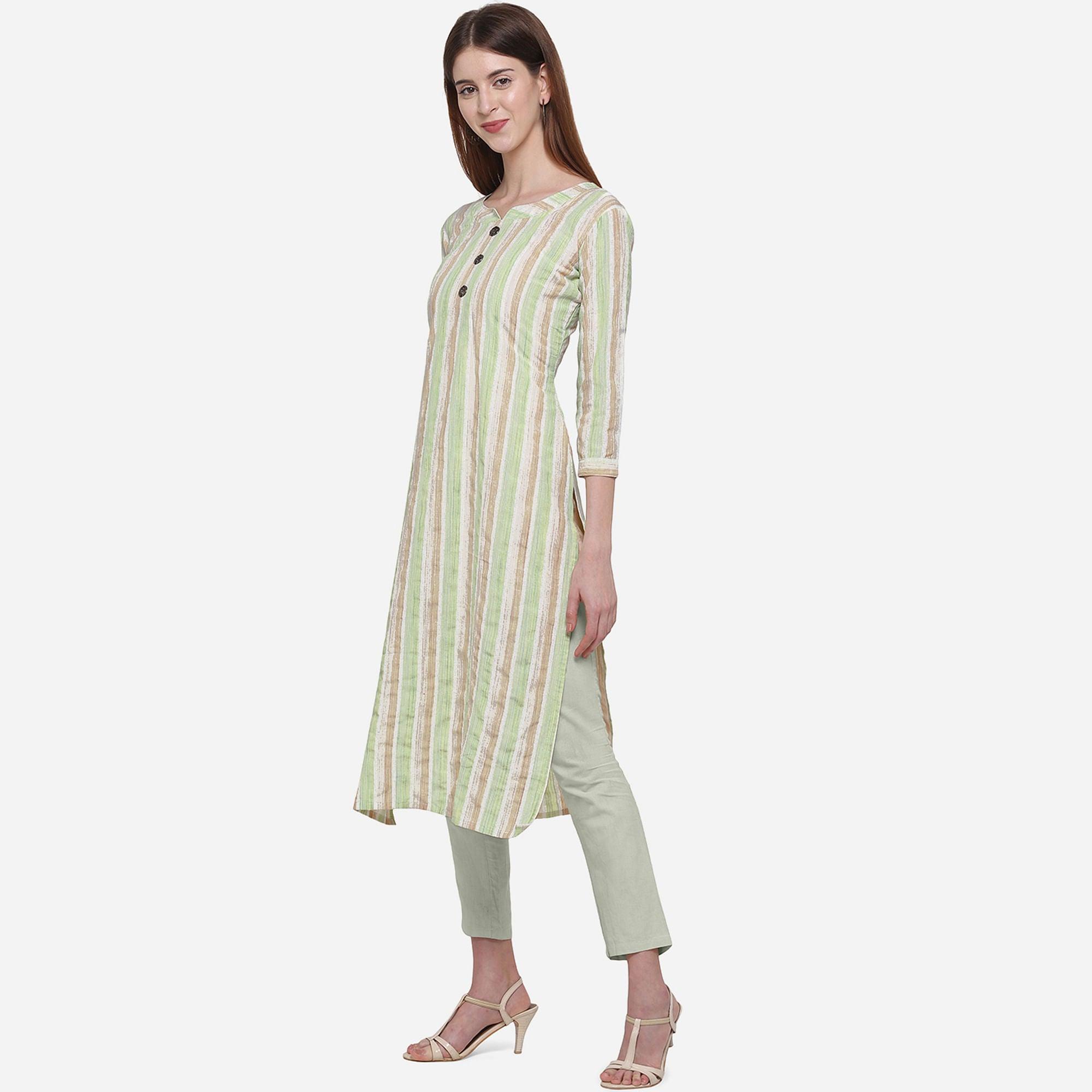 Ravishing White - Green Colored Casual Wear Printed Cotton Kurti - Peachmode