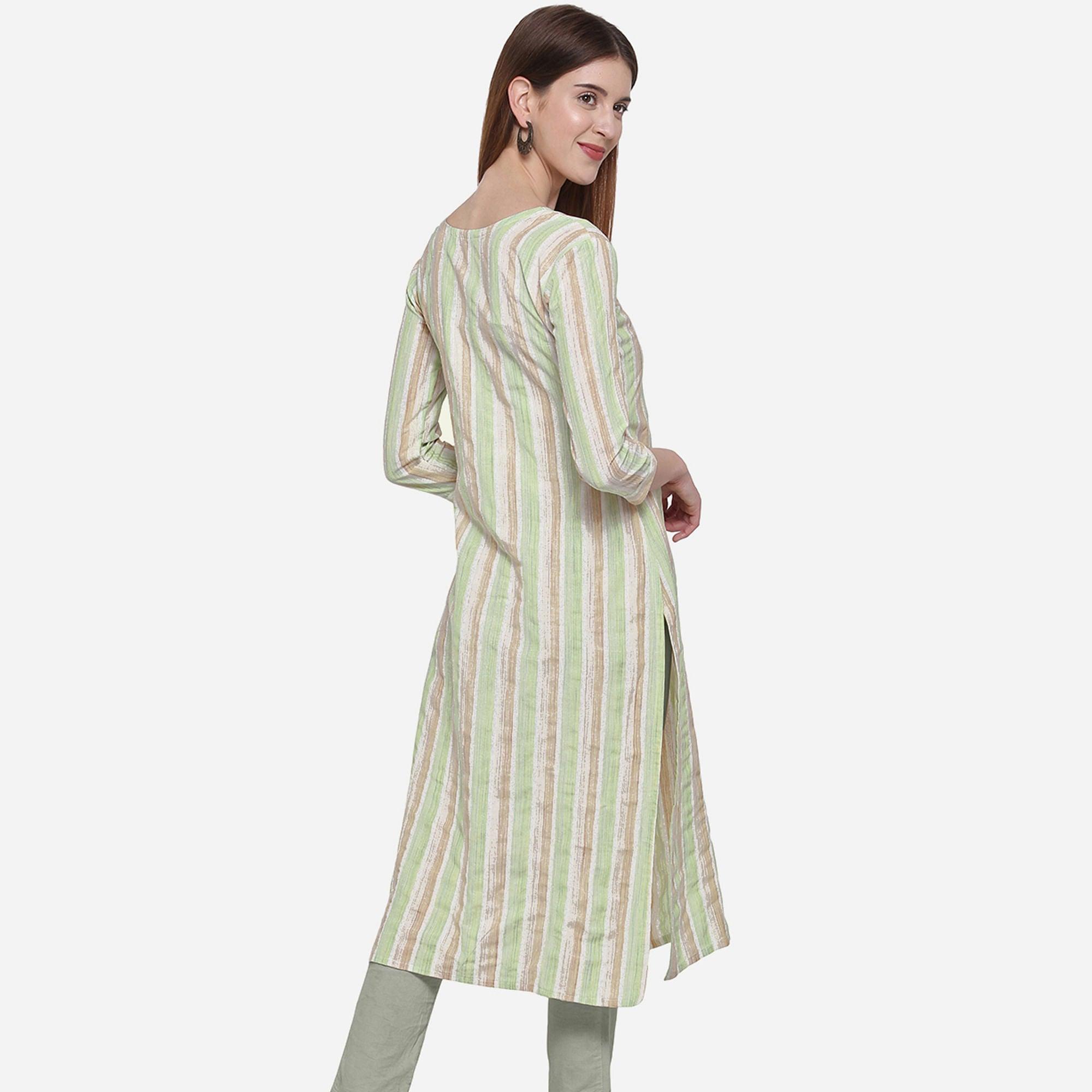 Ravishing White - Green Colored Casual Wear Printed Cotton Kurti - Peachmode
