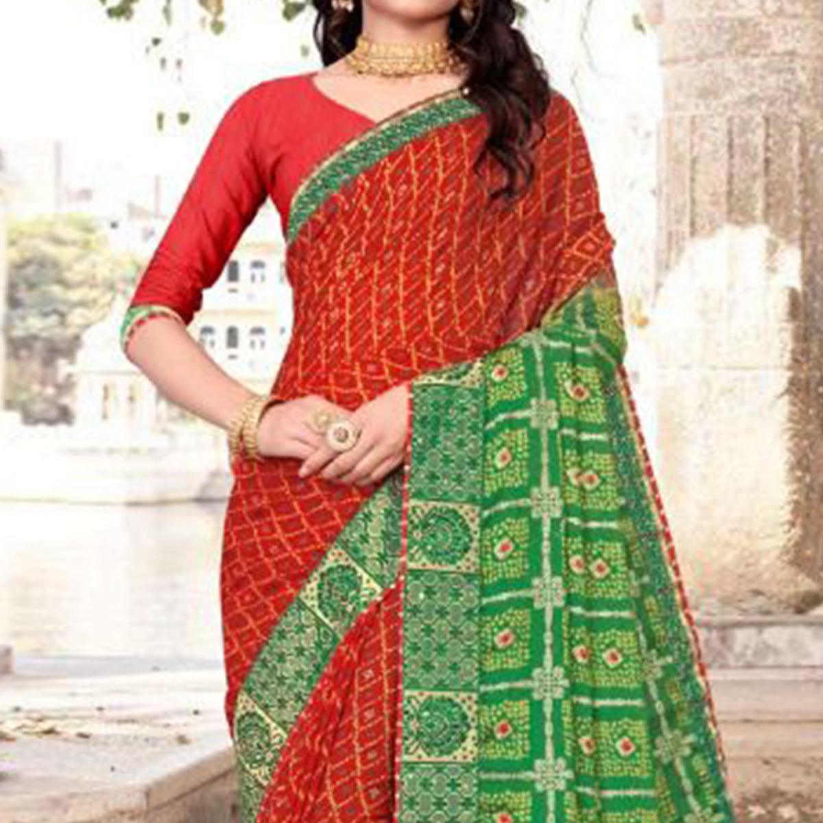 Red & Green Festive Wear Bandhani Printed Chiffon Saree With Diamond Border - Peachmode