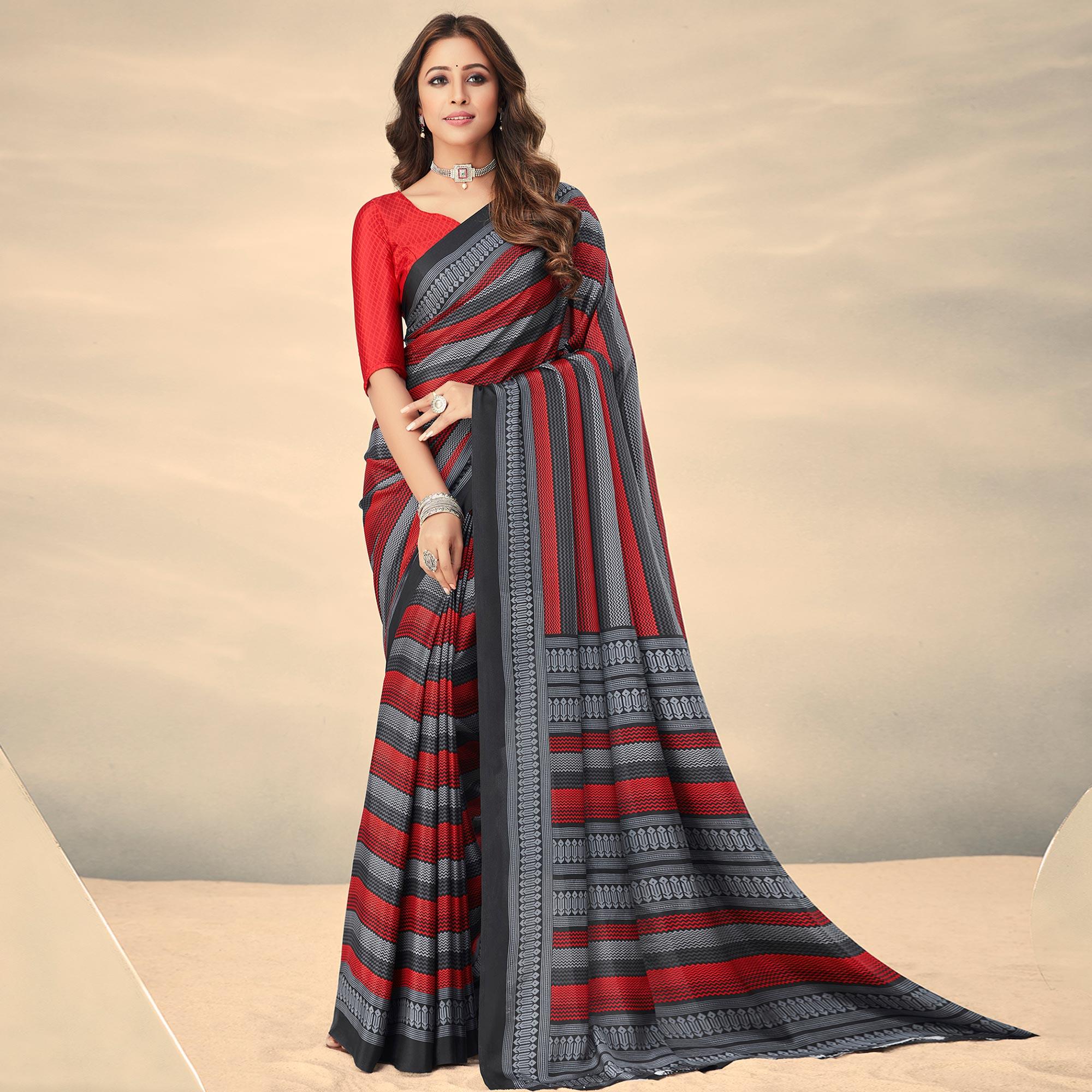 Red & Grey Printed Crepe Saree - Peachmode