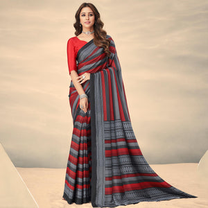 Red & Grey Printed Crepe Saree - Peachmode