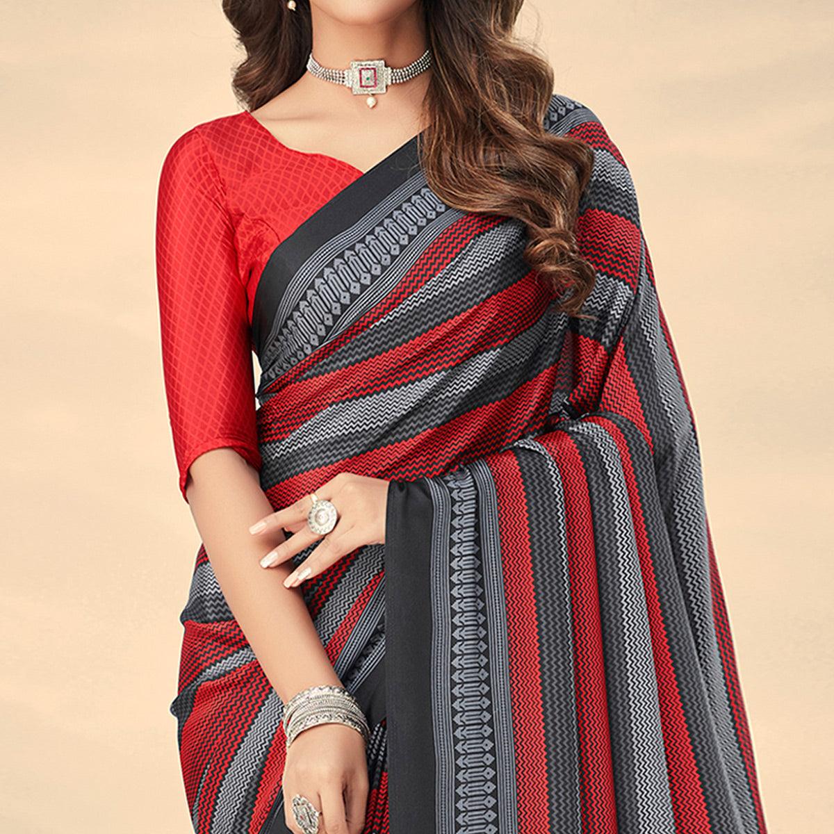 Red & Grey Printed Crepe Saree - Peachmode