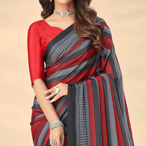 Red & Grey Printed Crepe Saree - Peachmode