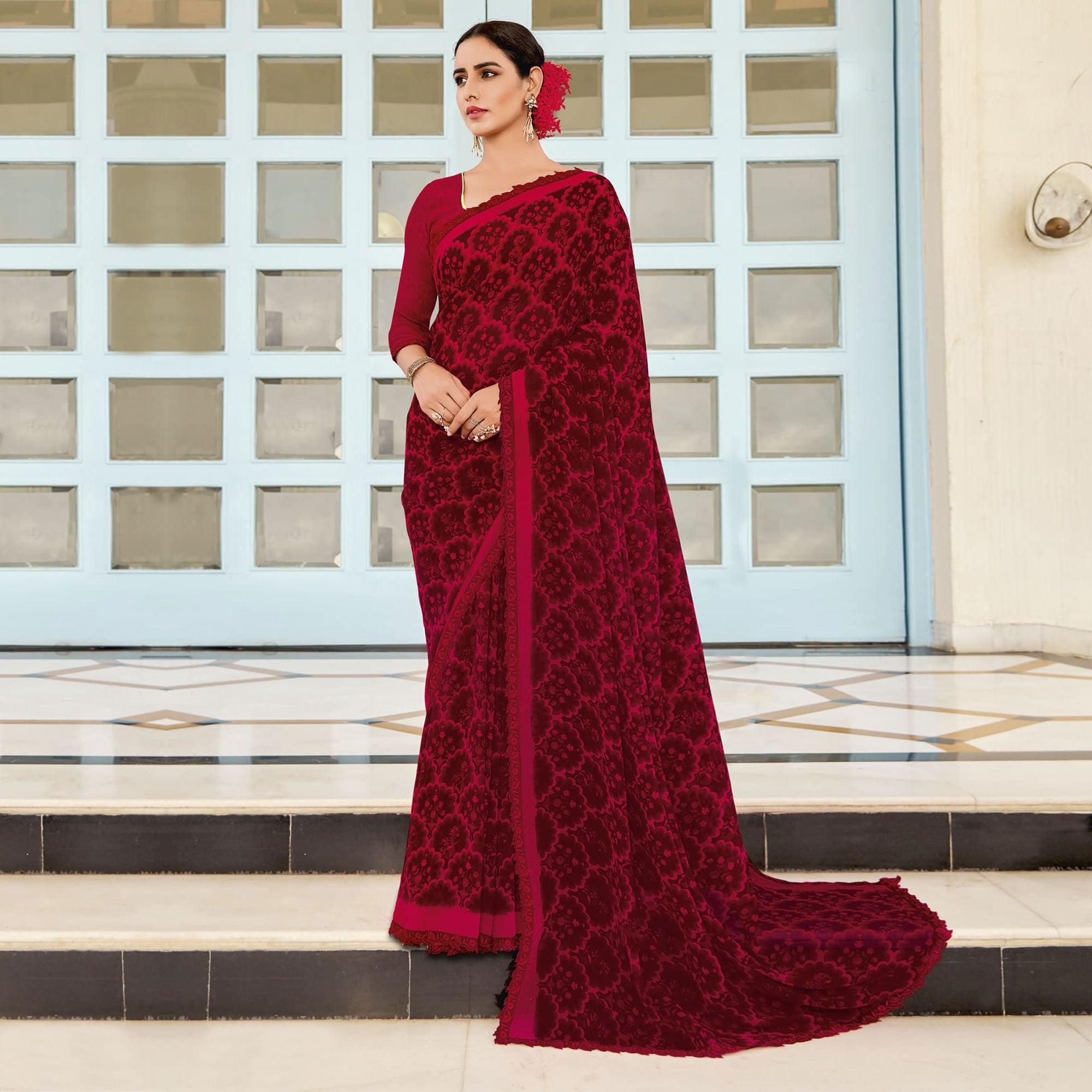 Red & Maroon Partywear Printed Georgette Saree - Peachmode