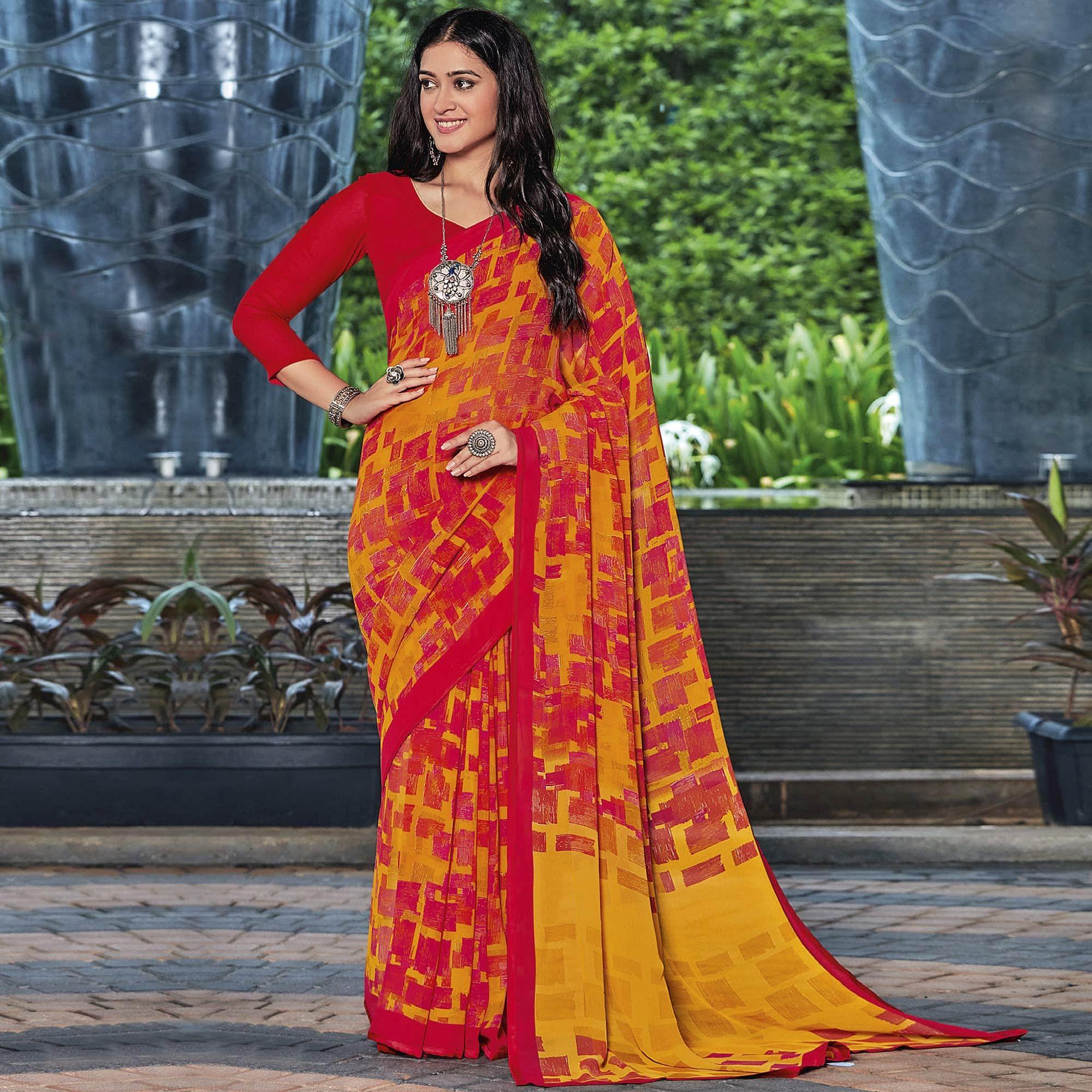 Red & Mustard Casual Wear Printed Georgette Saree - Peachmode