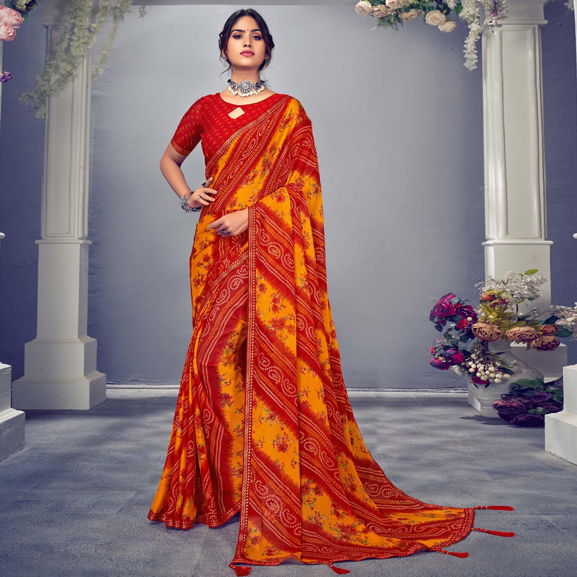 Red & Mustard Yellow Bandhani Printed Chiffon Saree With Tassels - Peachmode